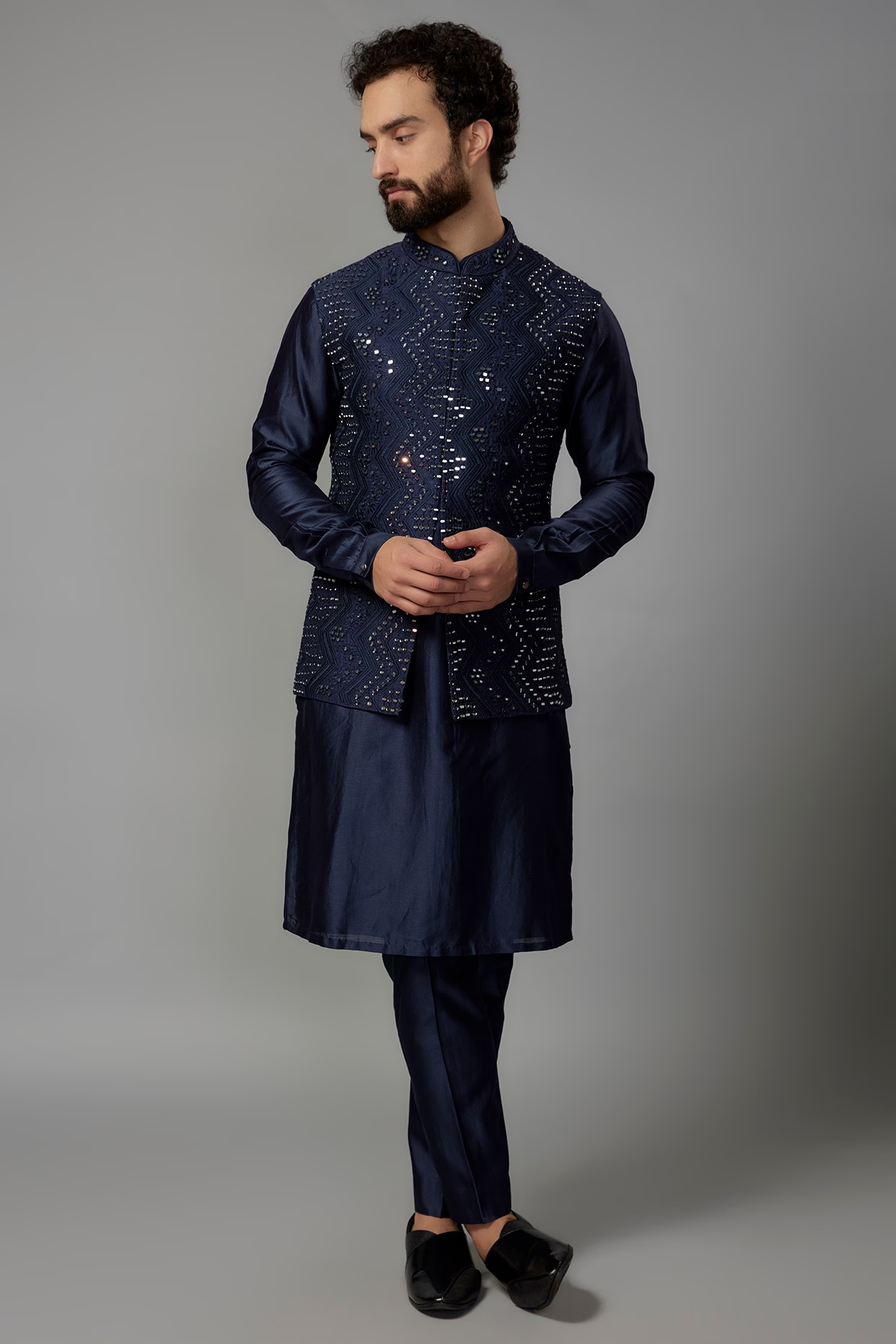 Deep Blue Raw Silk Embroidered Nehru Jacket Set