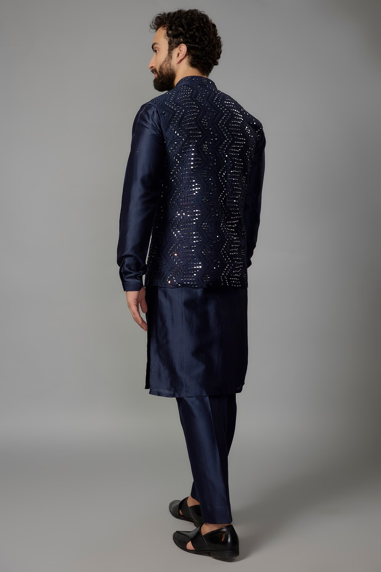 Deep Blue Raw Silk Embroidered Nehru Jacket Set