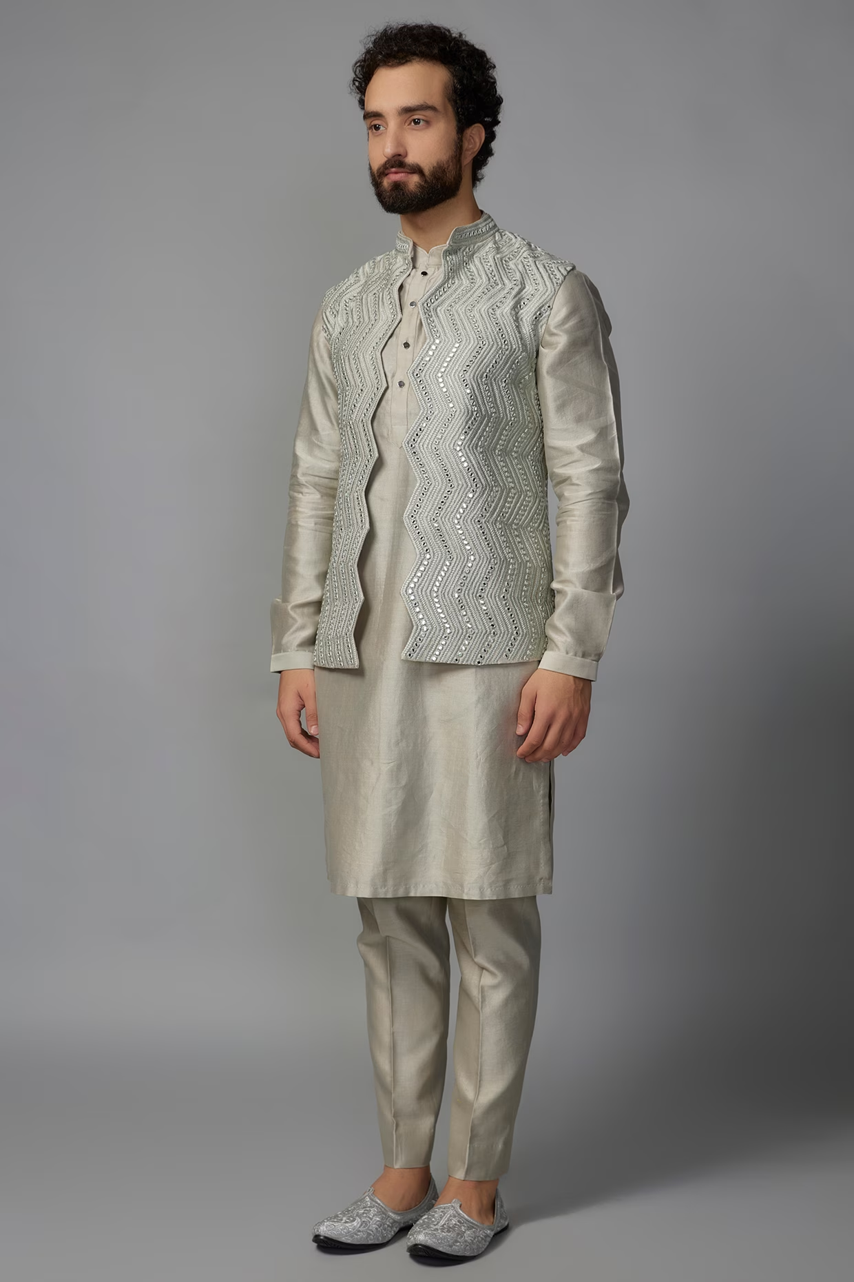 Greyish Green Silk Mirror Work Nehru Jacket Set