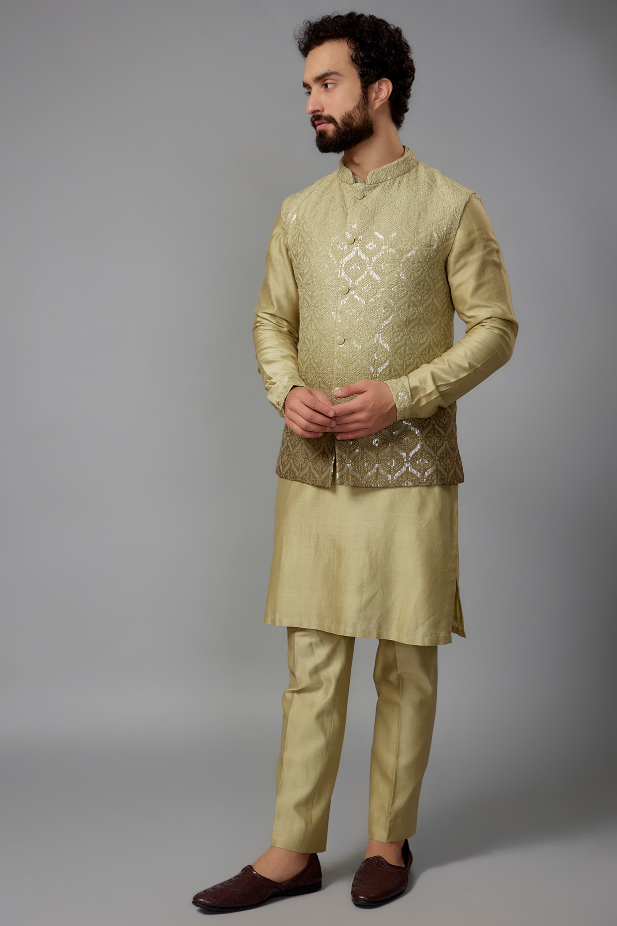 Moss Green Dola Silk Embroidered Nehru Jacket Set