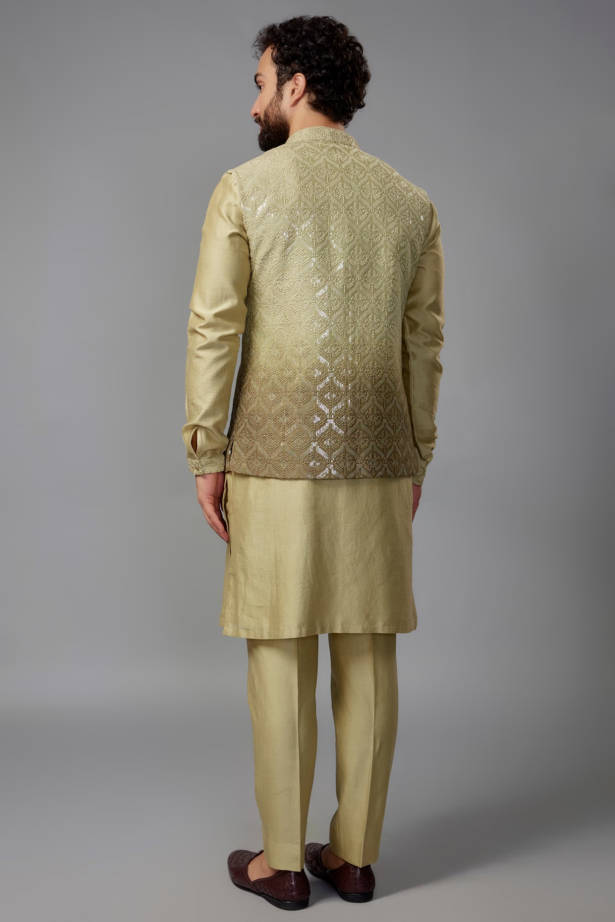 Moss Green Dola Silk Embroidered Nehru Jacket Set