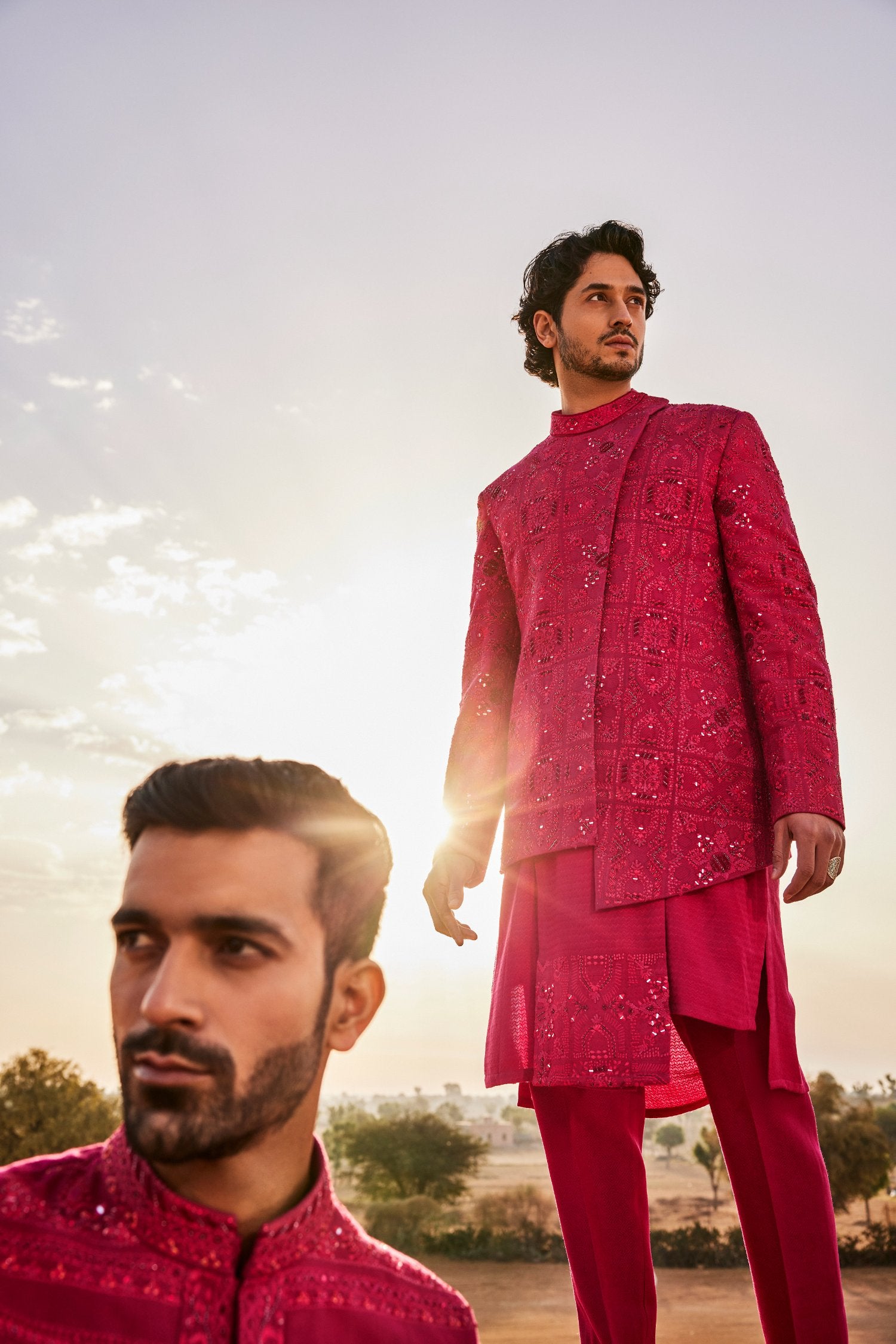 Hot Pink Slant 
 Cut Style Bandhgala Set