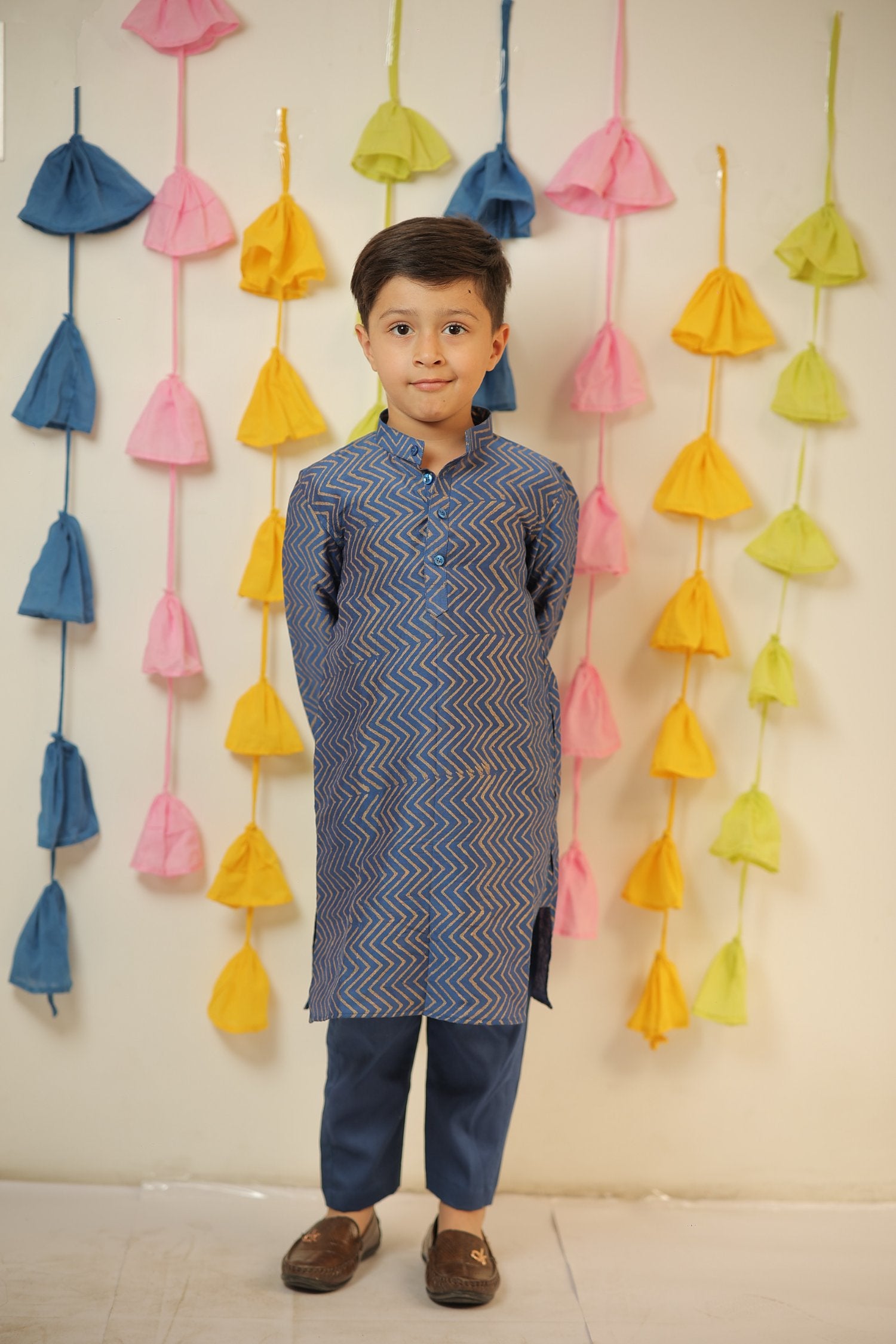 Blue Block Printed Kurta Set.