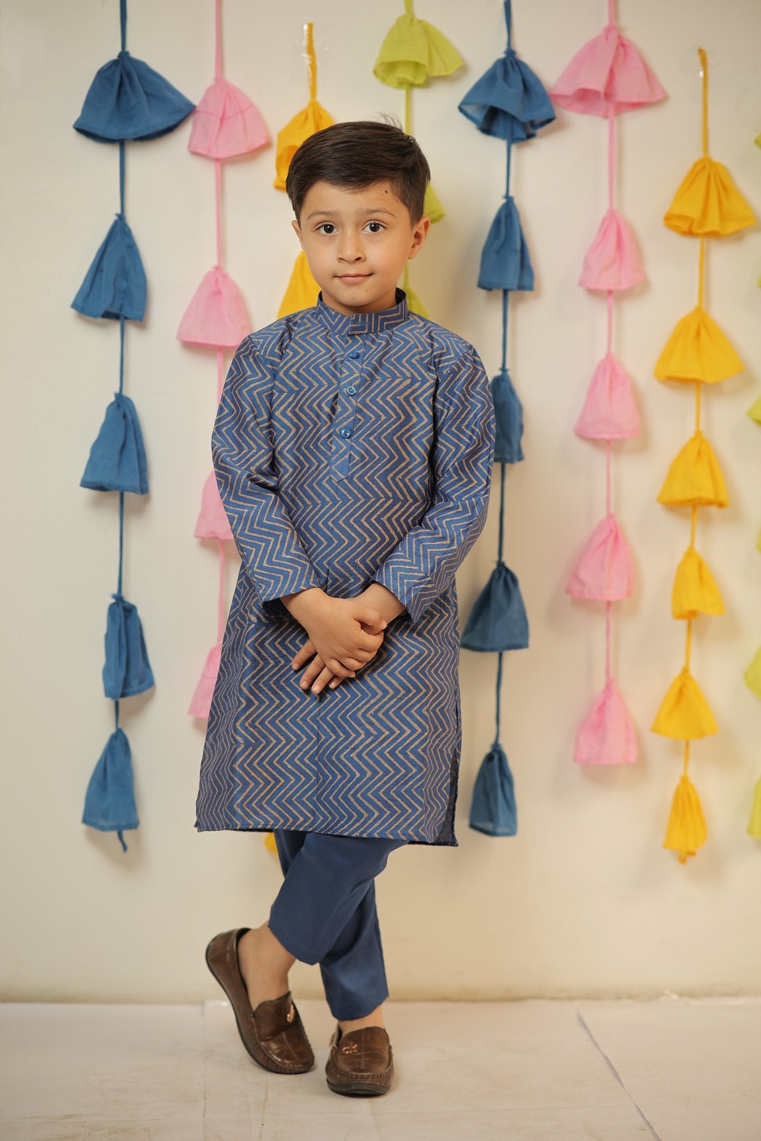 Blue Block Printed Kurta Set.