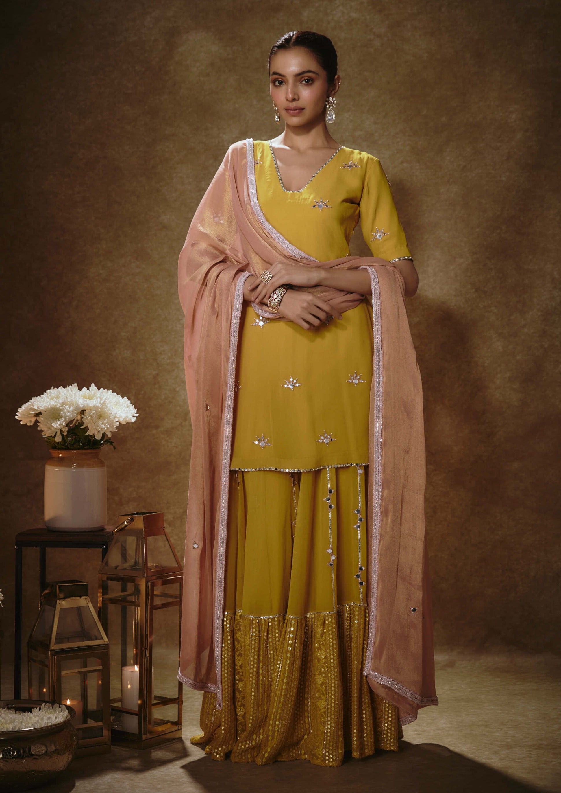 Citrine yellow & blush pink kurta sharara set