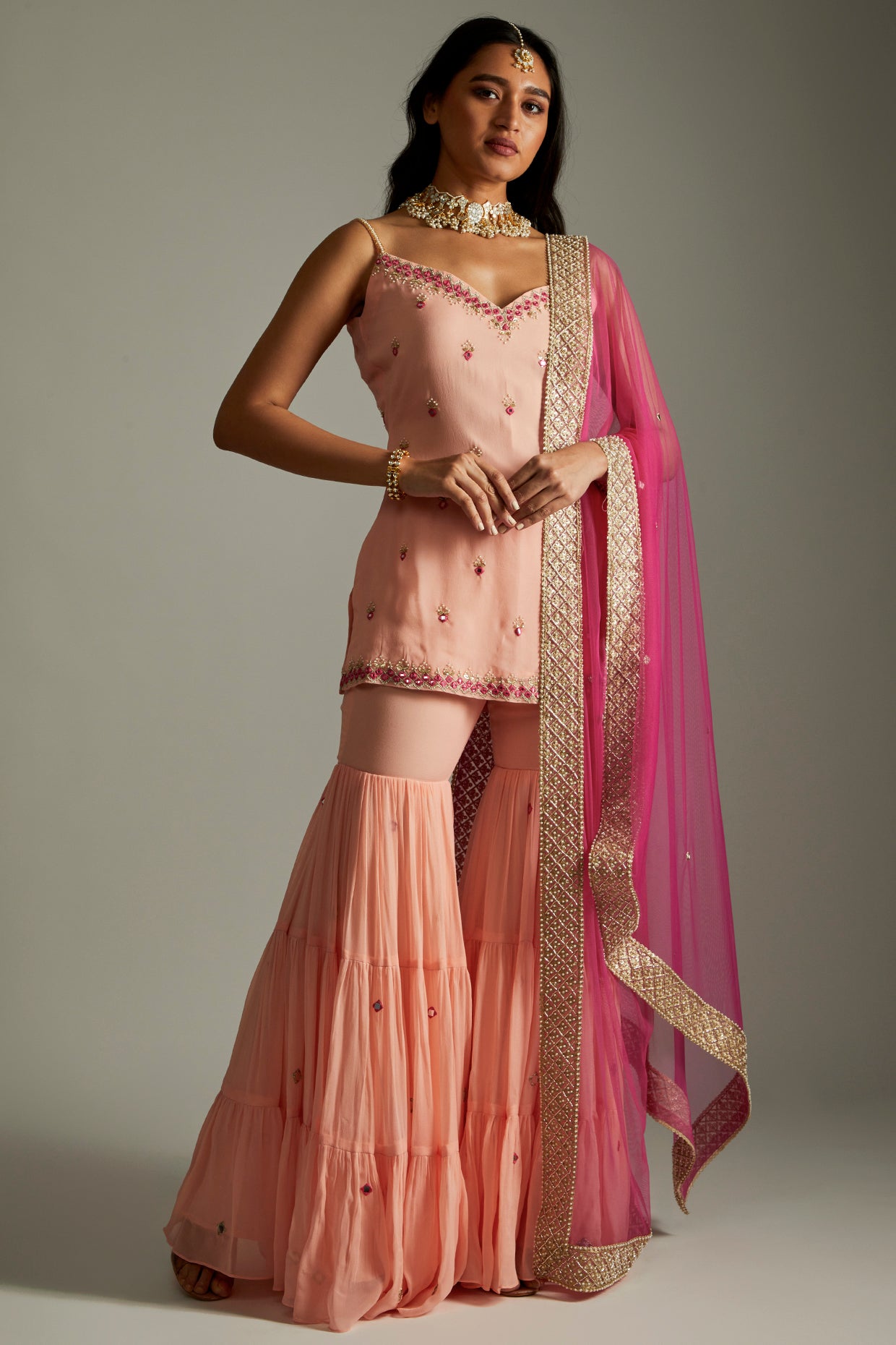 Peach Magenta Kurta Gharara Set