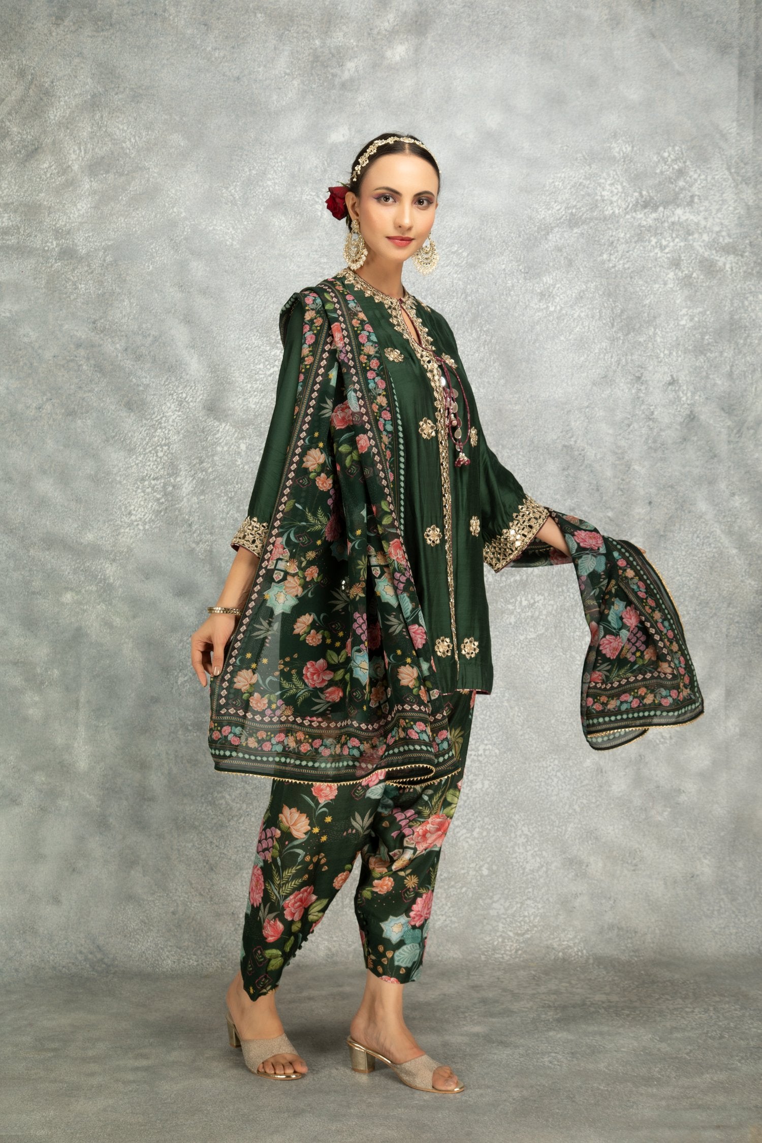 Angrakha With Printed Pants & Dupatta