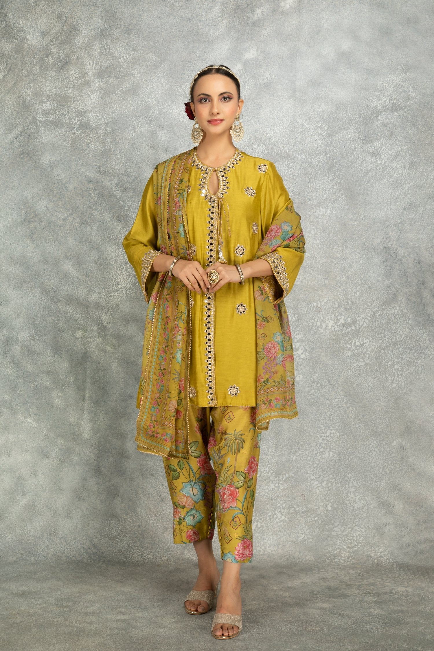 Embroidered Angrakha With Printed Pants & Dupatta