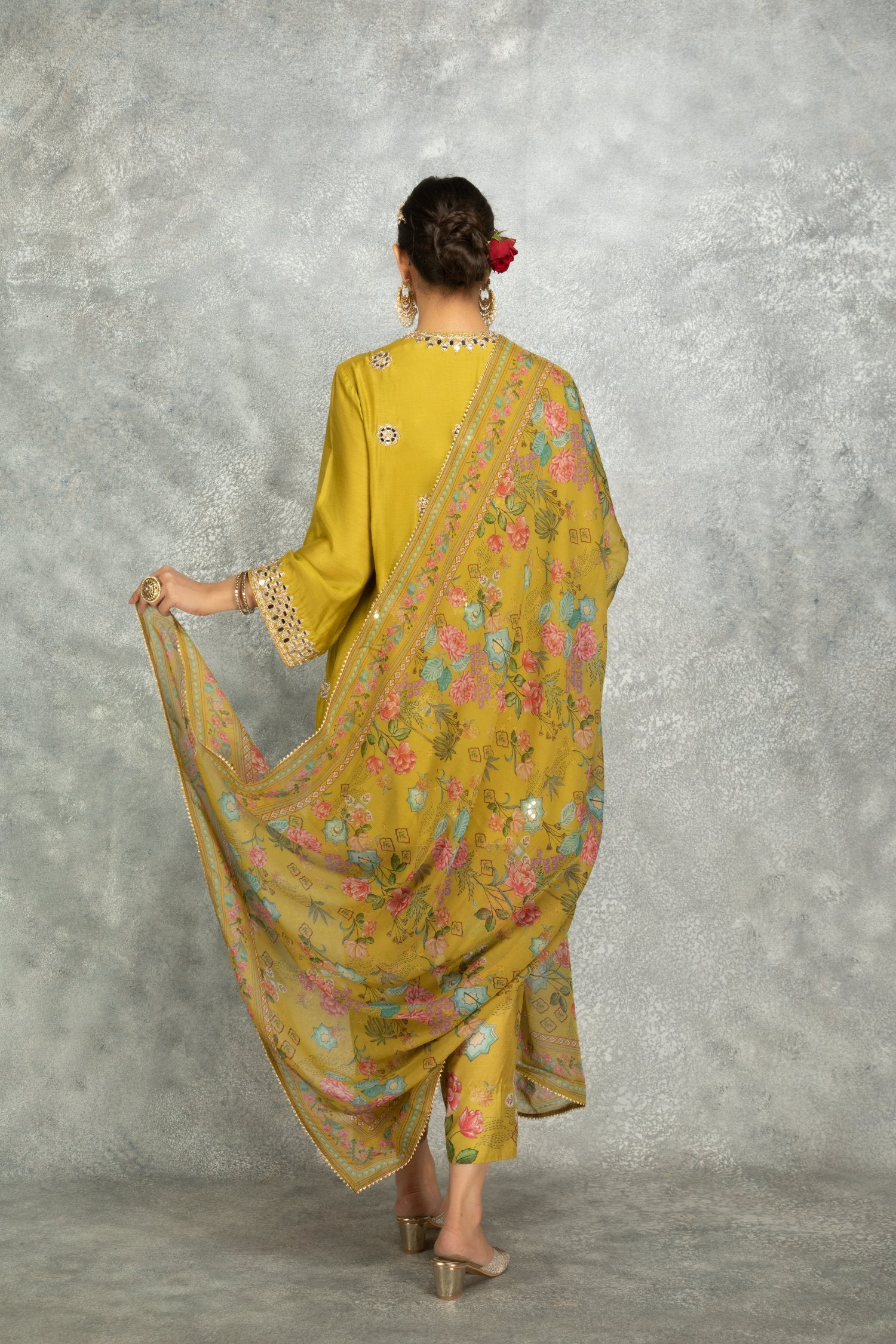 Embroidered Angrakha With Printed Pants & Dupatta