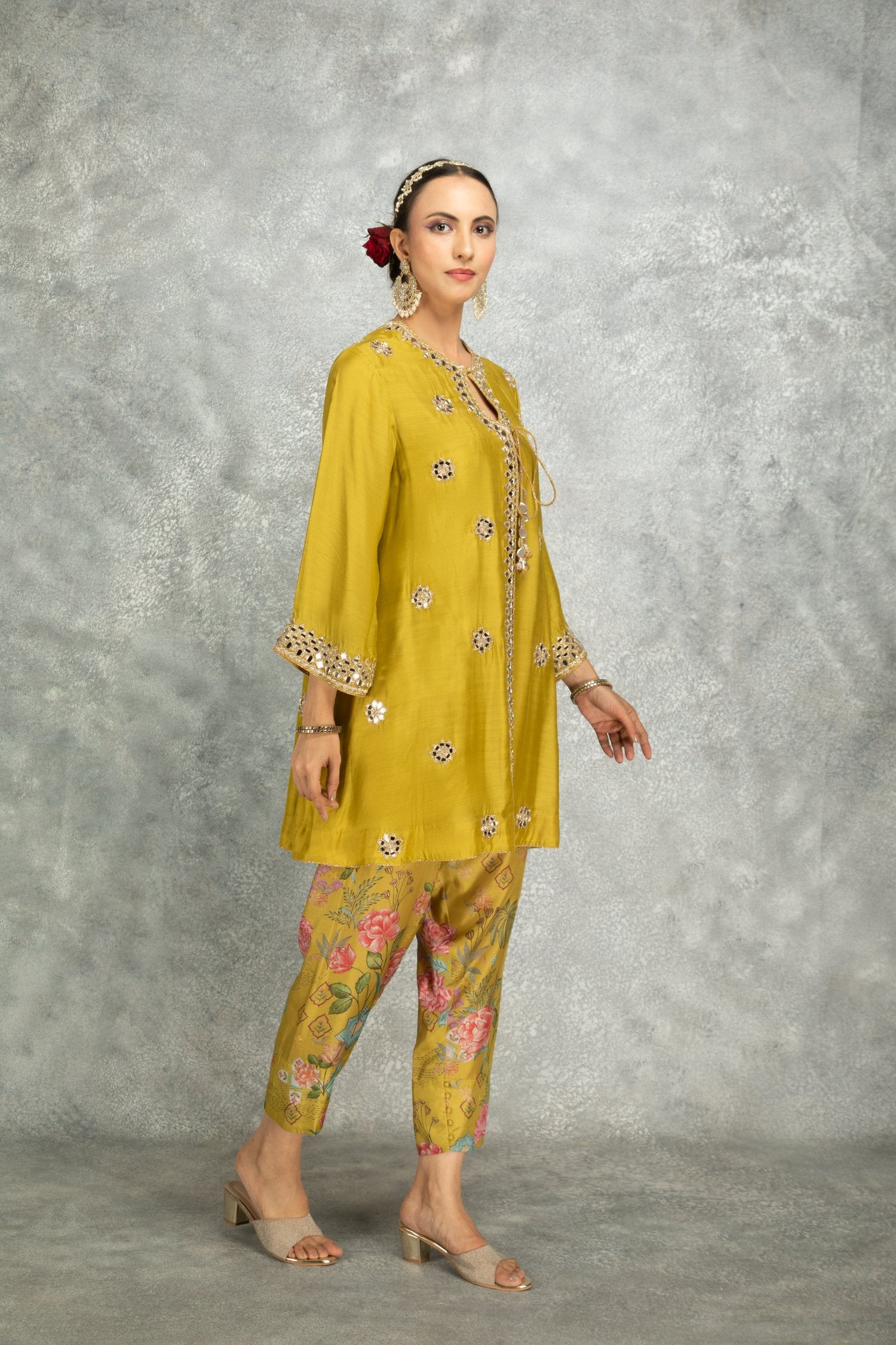 Embroidered Angrakha With Printed Pants & Dupatta