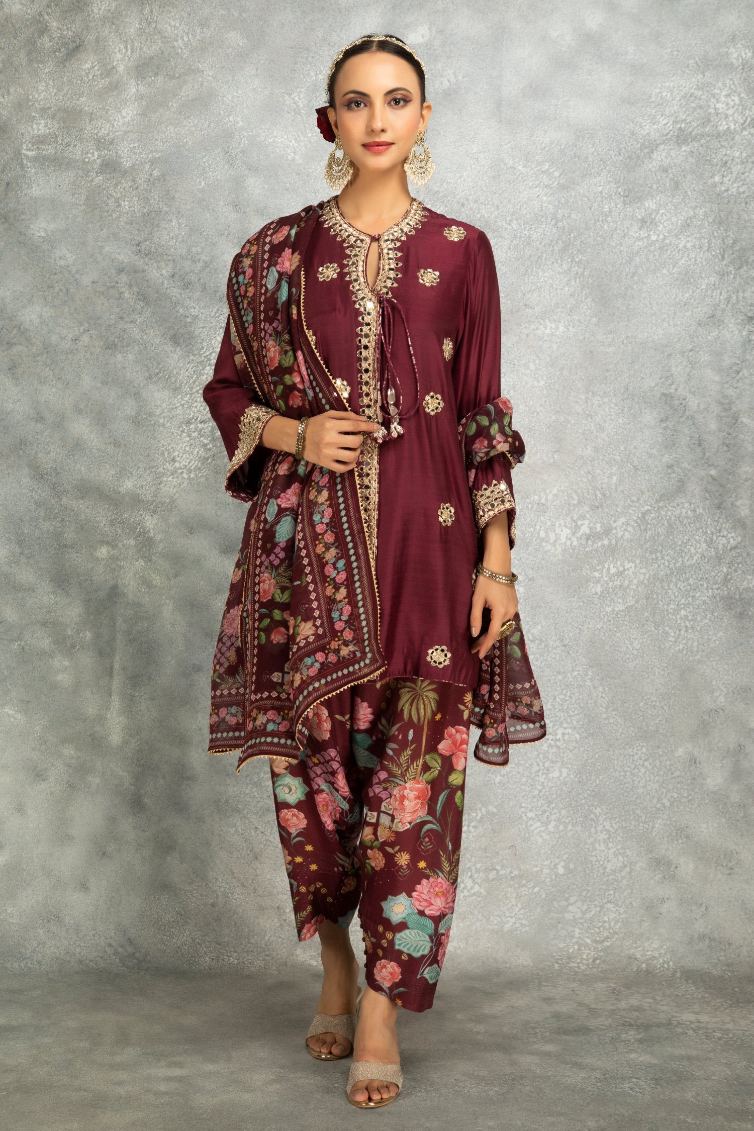 Angrakha With Printed Pants & Dupatta