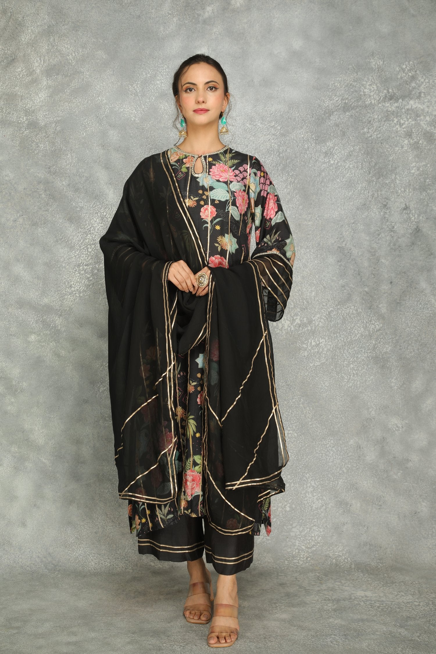 Black Printed Kurta With Pants And Dupatta