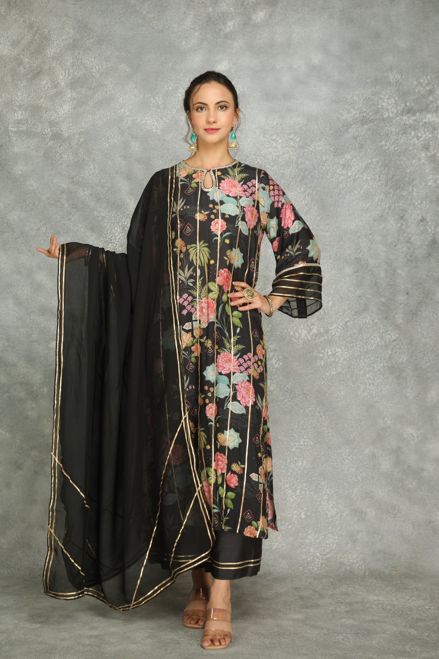 Black Printed Kurta With Pants And Dupatta