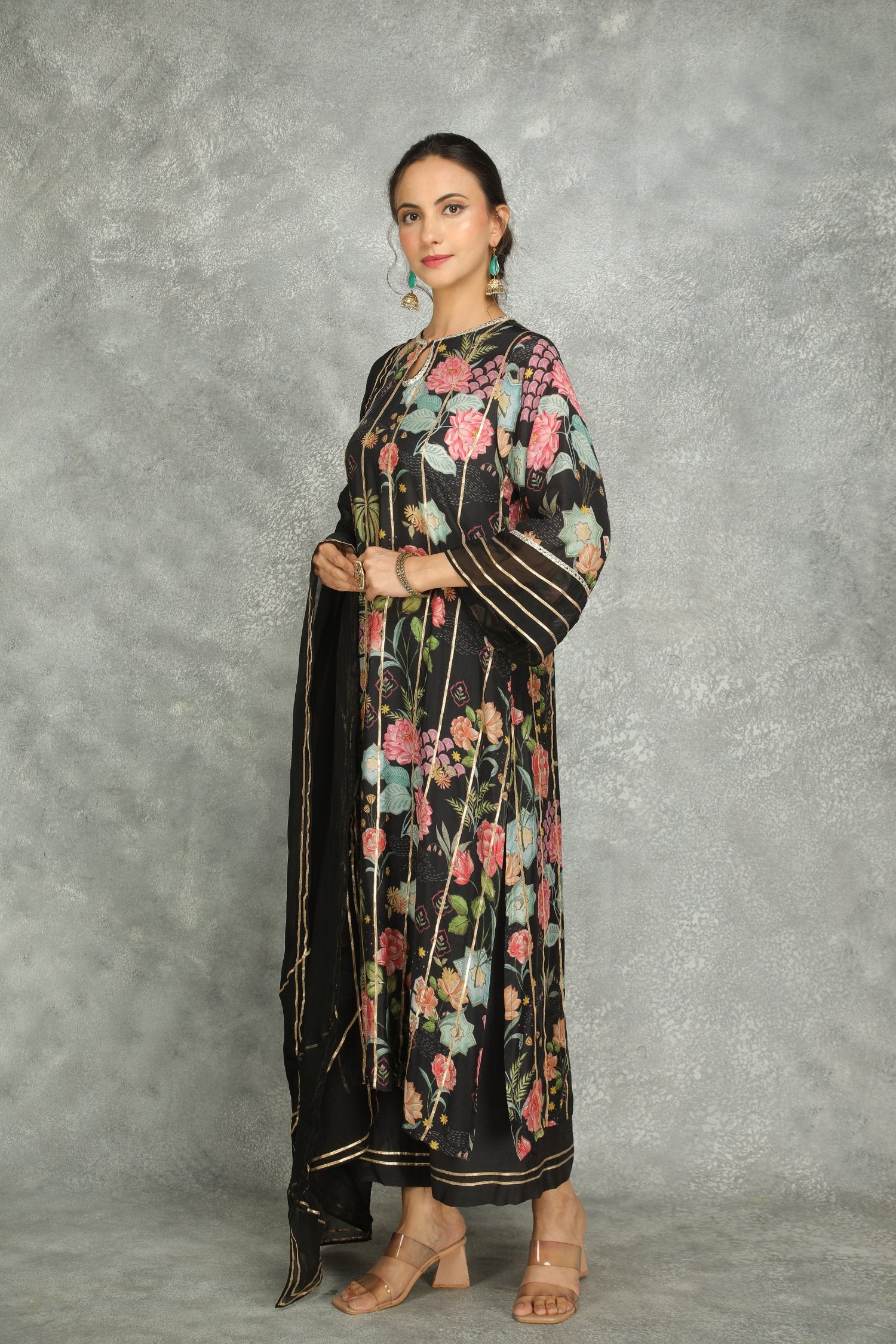 Black Printed Kurta With Pants And Dupatta