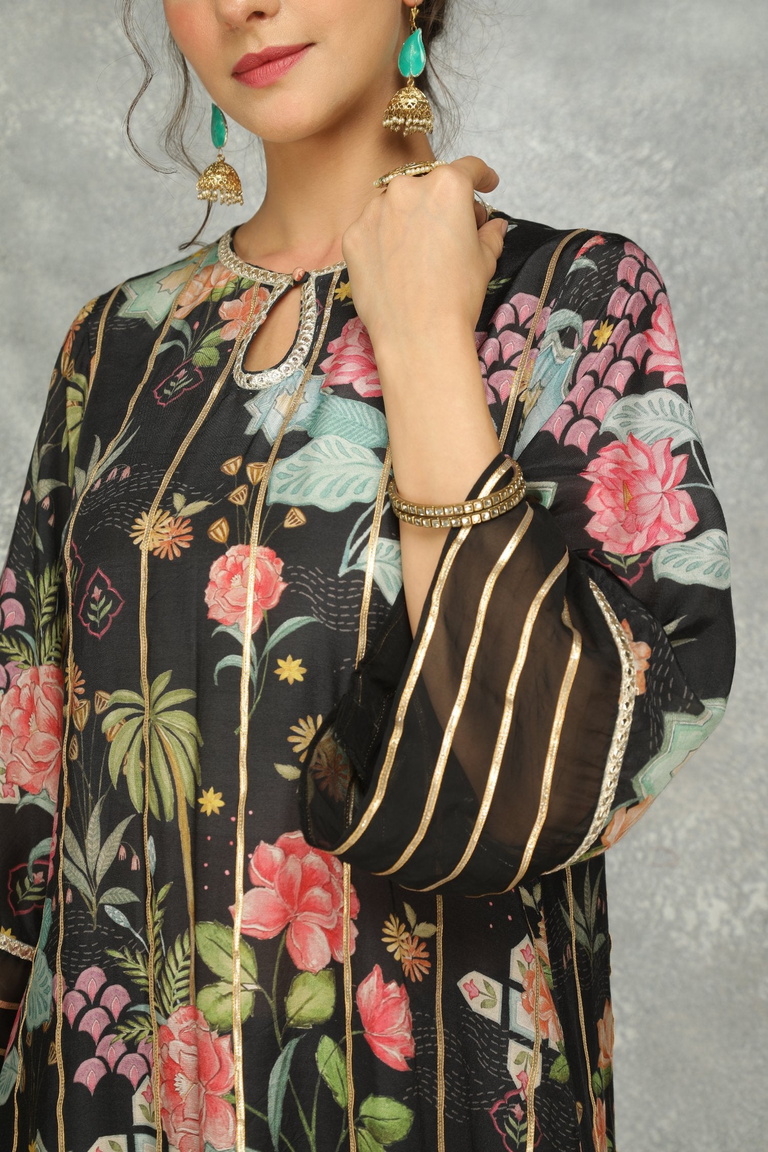 Black Printed Kurta With Pants And Dupatta