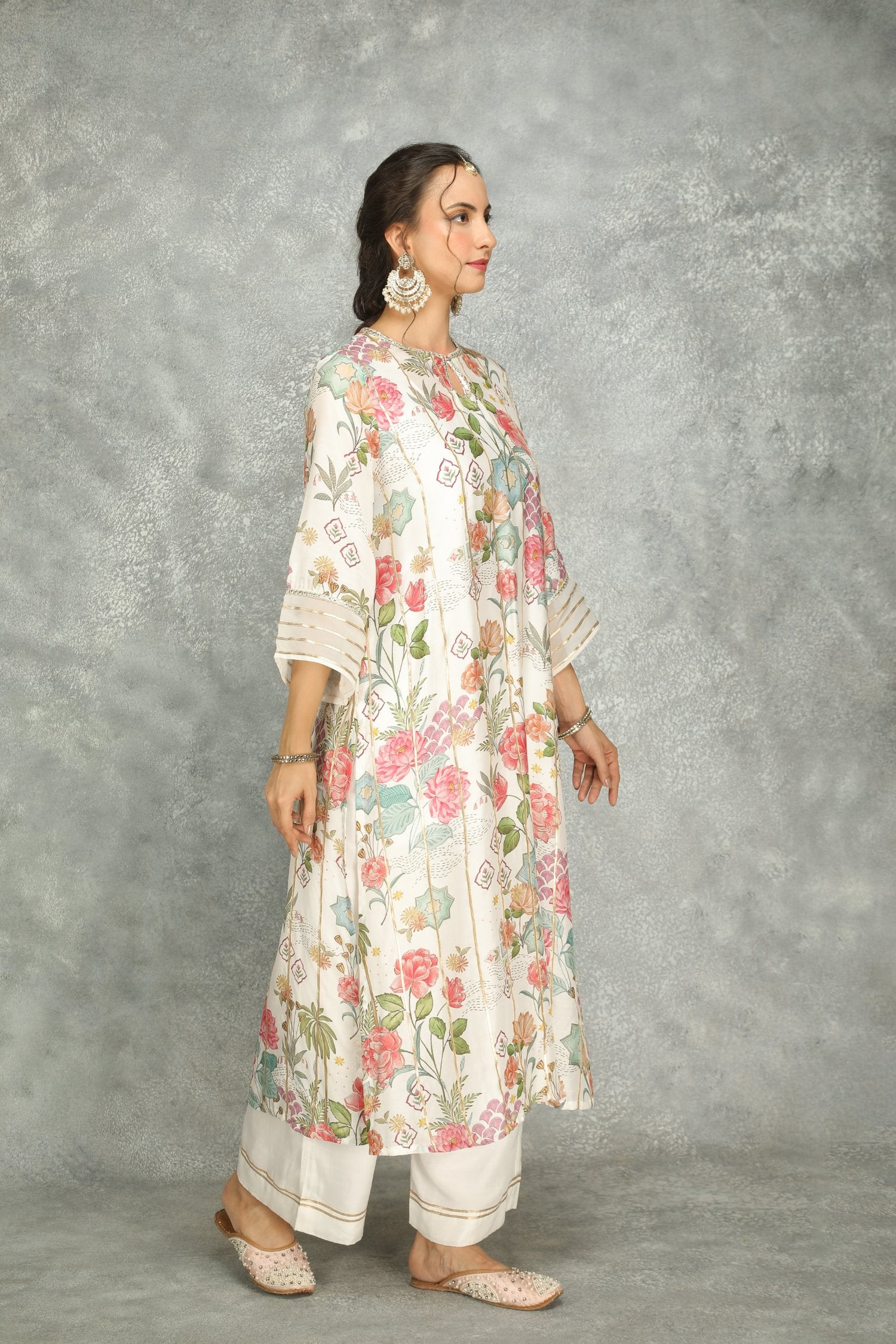 White Printed Kurta With Pants And Dupatta