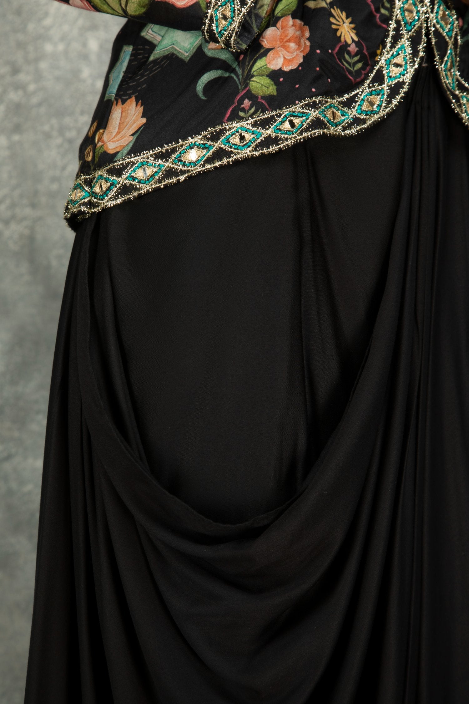 Black Embroidered Printed Jacket With Drape Skirt