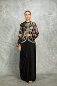 Load image into Gallery viewer, Black Embroidered Printed Jacket With Drape Skirt
