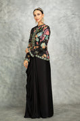 Load image into Gallery viewer, Black Embroidered Printed Jacket With Drape Skirt
