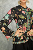 Load image into Gallery viewer, Black Embroidered Printed Jacket With Drape Skirt
