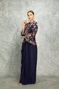 Load image into Gallery viewer, Blue Embroidered Printed Jacket With Drape Skirt
