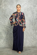 Load image into Gallery viewer, Blue Embroidered Printed Jacket With Drape Skirt
