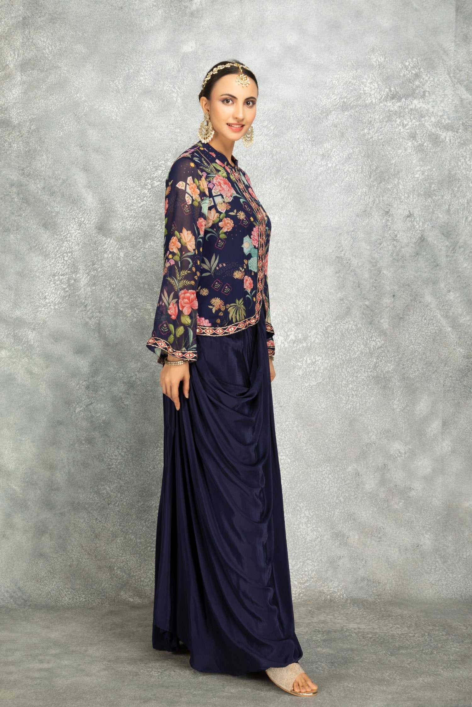 Blue Embroidered Printed Jacket With Drape Skirt