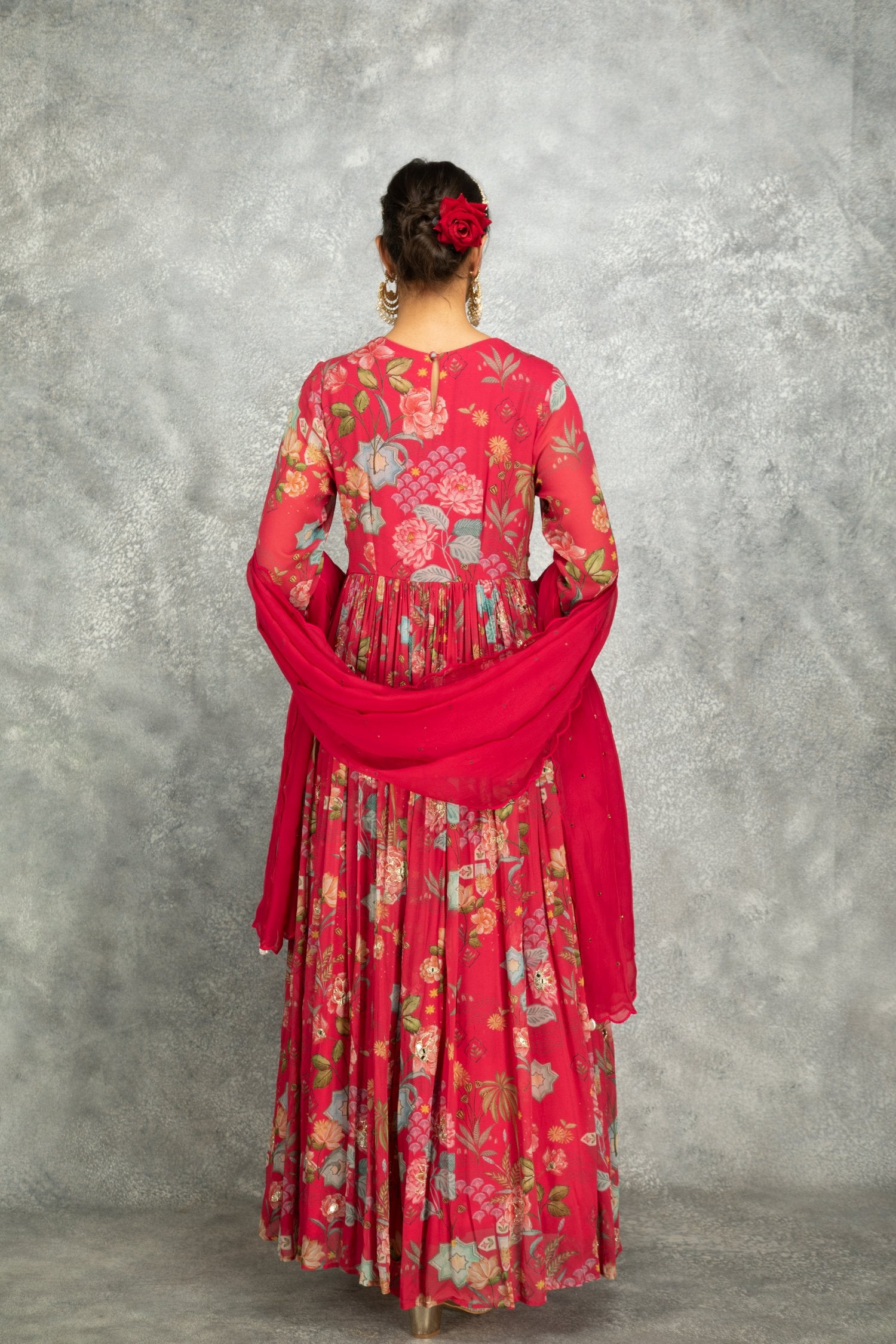 Hot Pink Mirror Work Anarkali With Scalloping Dupatta