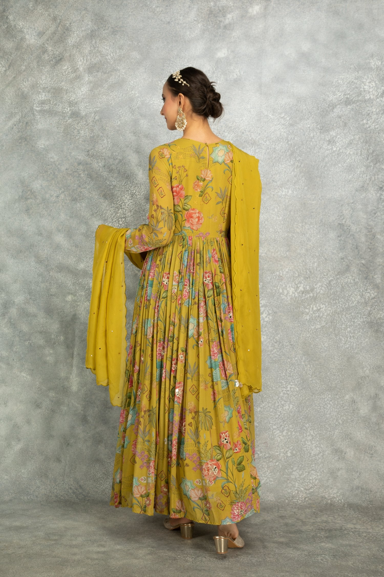 Mustard Green Mirror Work With Scalloping Dupatta