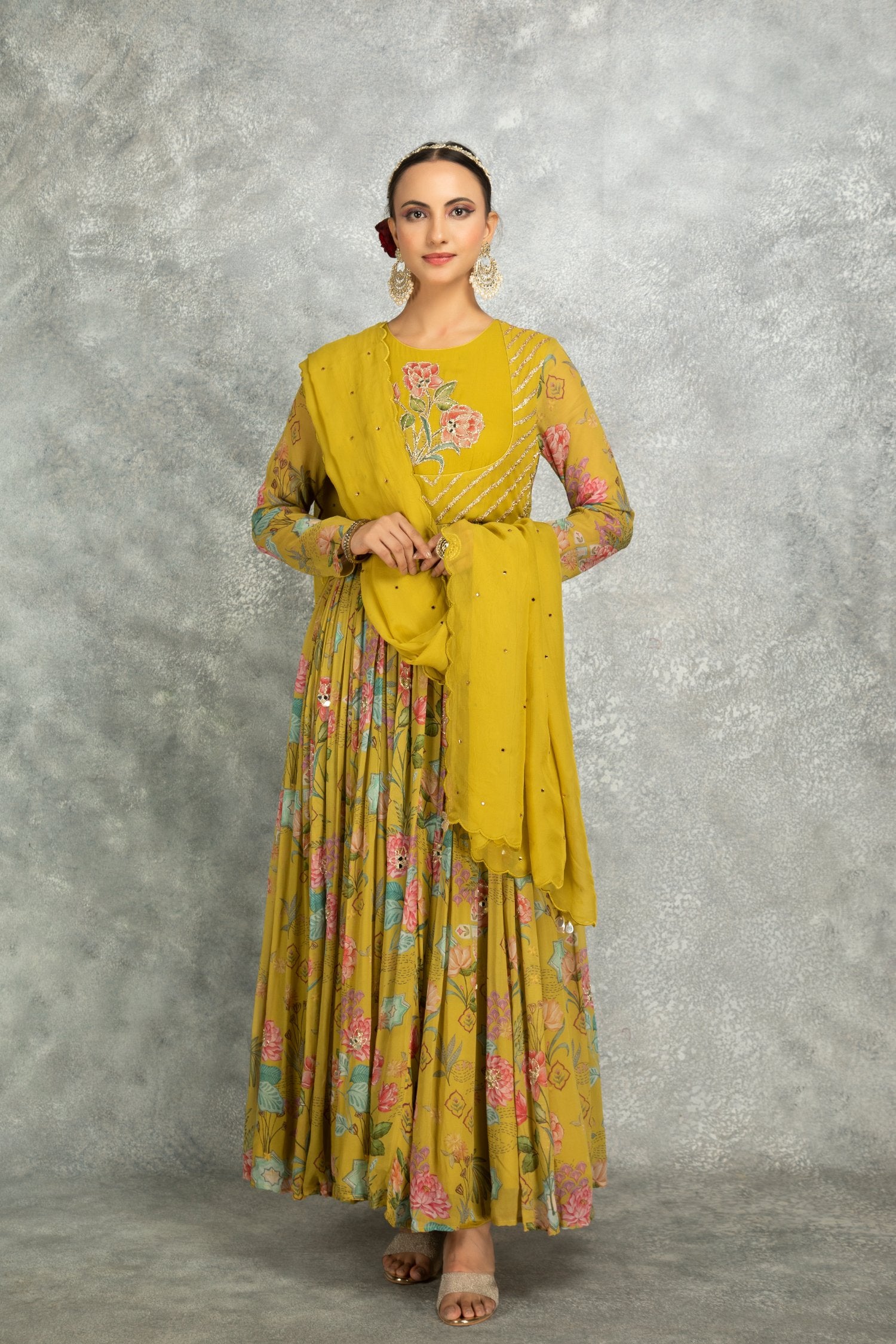 Mustard Green Mirror Work With Scalloping Dupatta