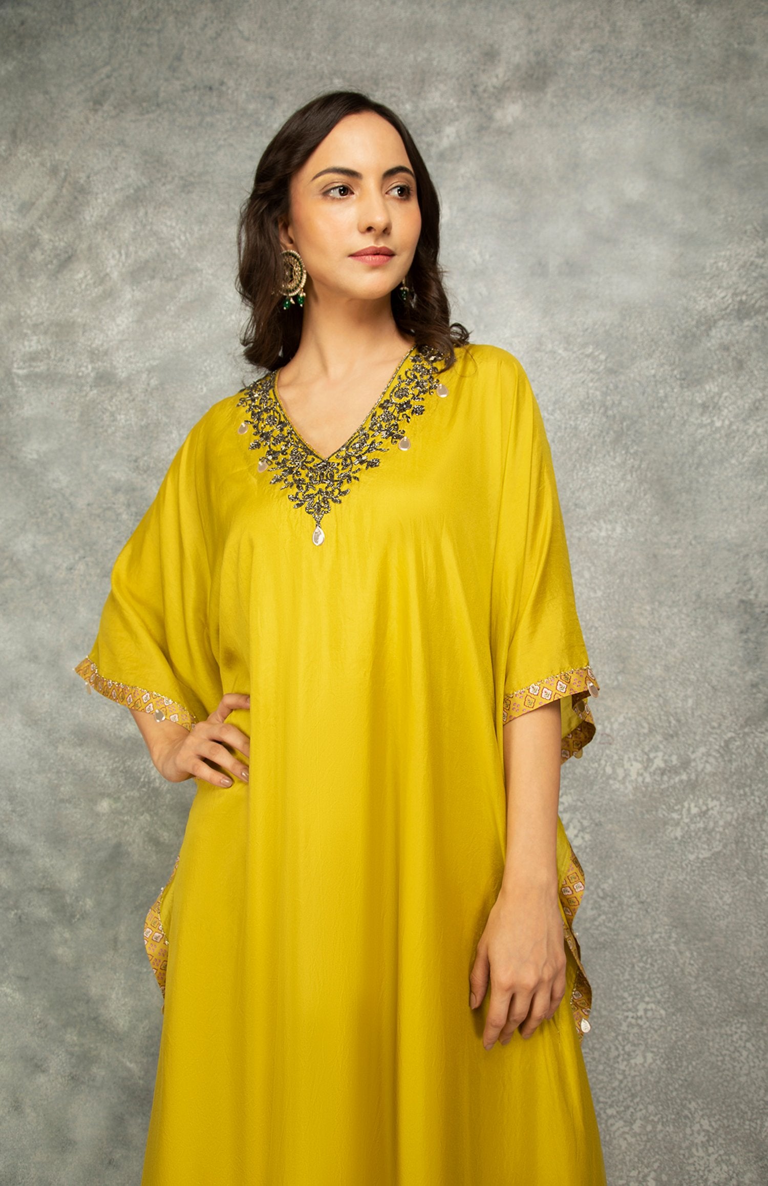 Mustard Green Embroidered Kaftaan