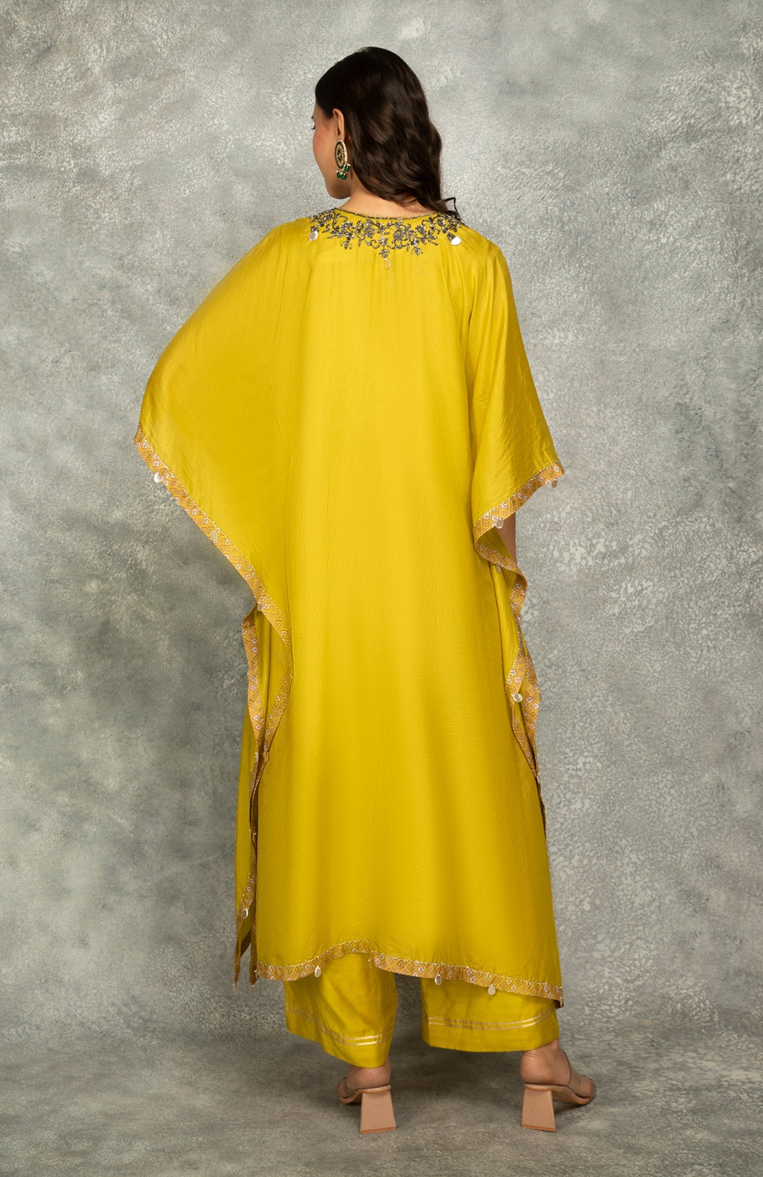 Mustard Green Embroidered Kaftaan