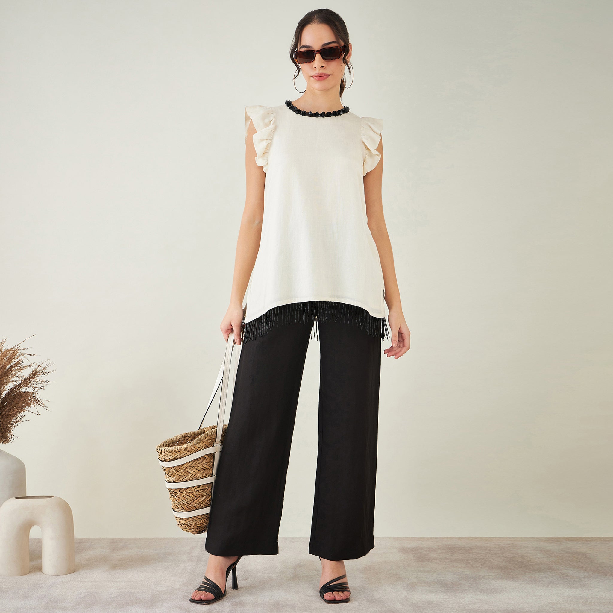 Off White Linen Top with Bead Lace