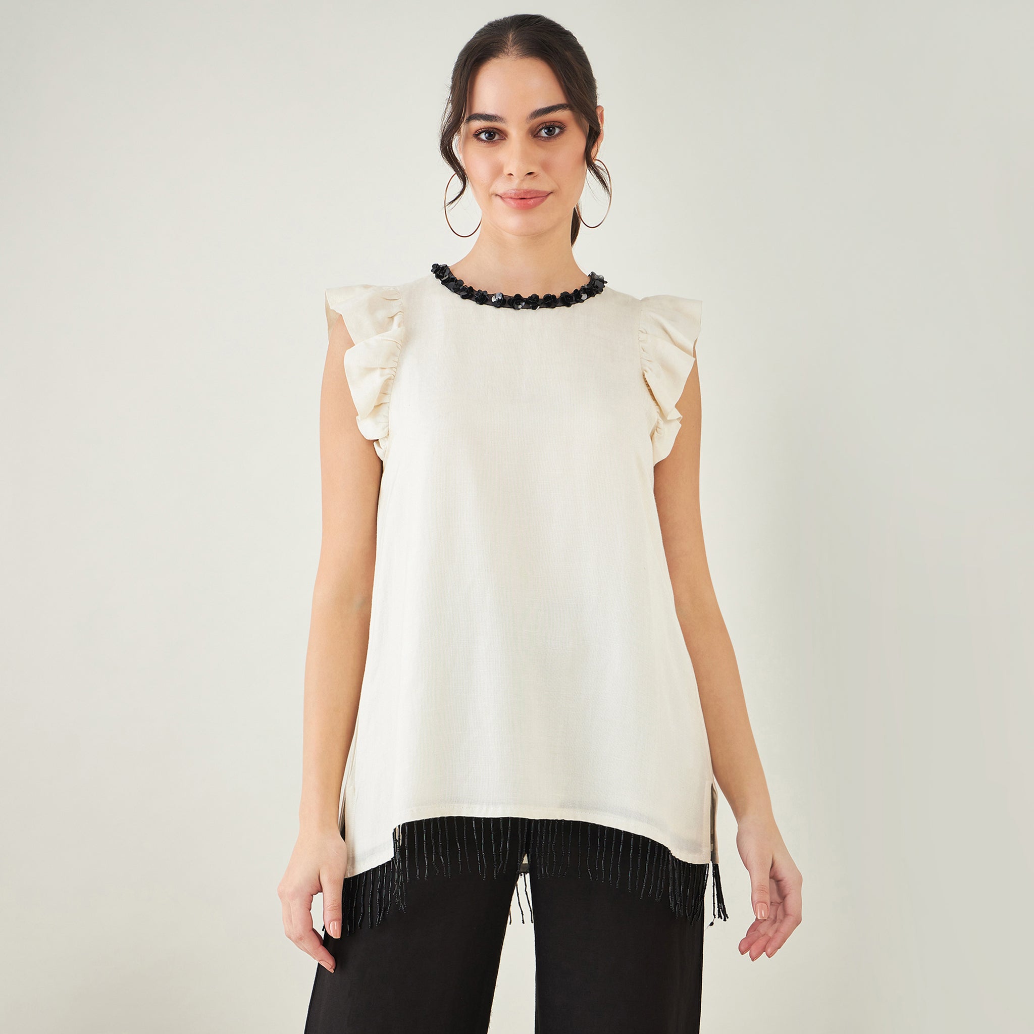 Off White Linen Top with Bead Lace