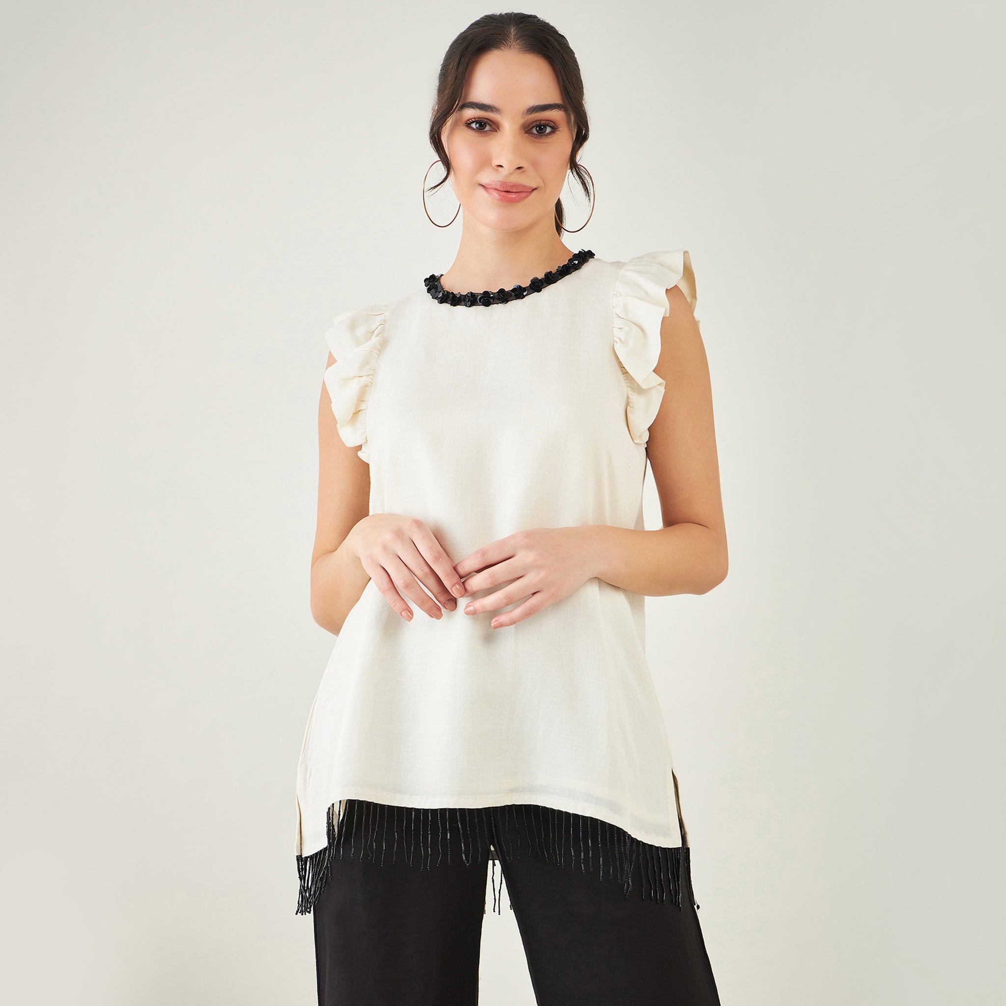 Off White Linen Top with Bead Lace