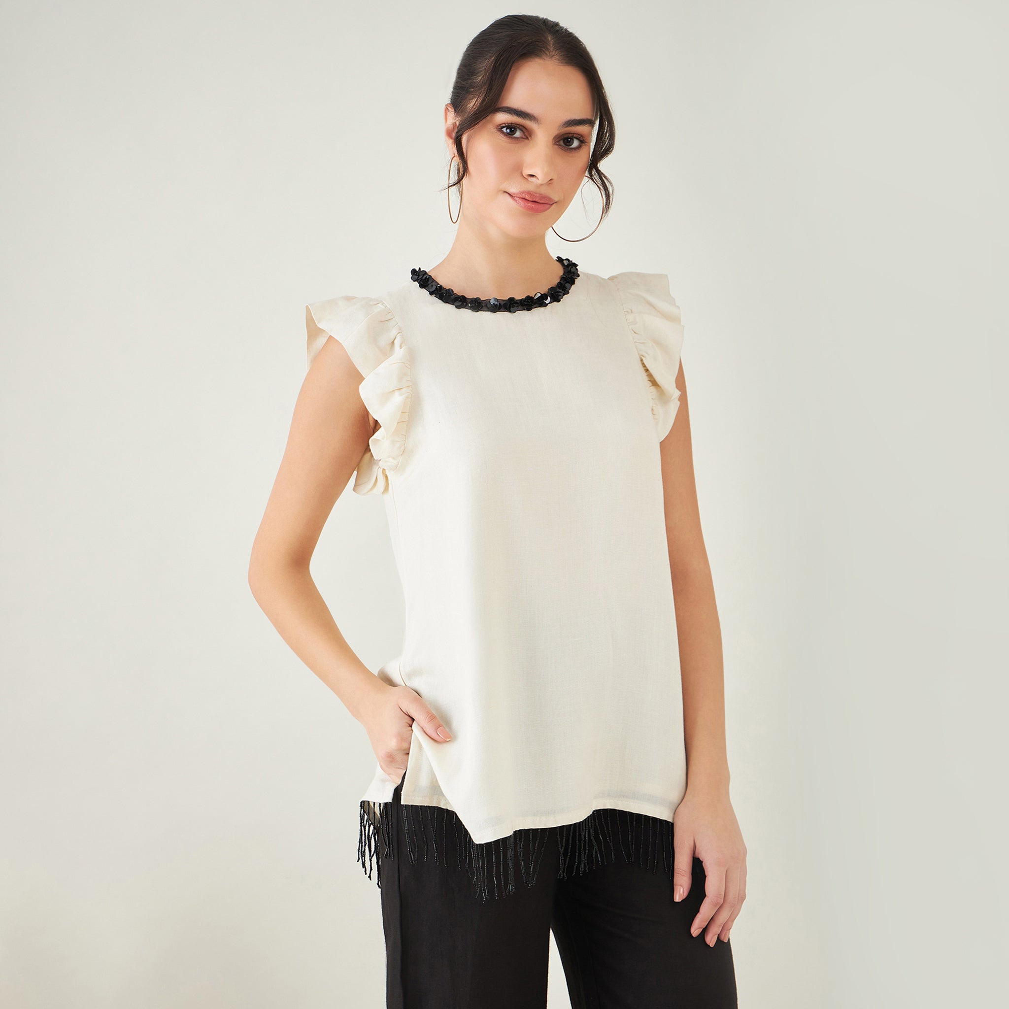 Off White Linen Top with Bead Lace