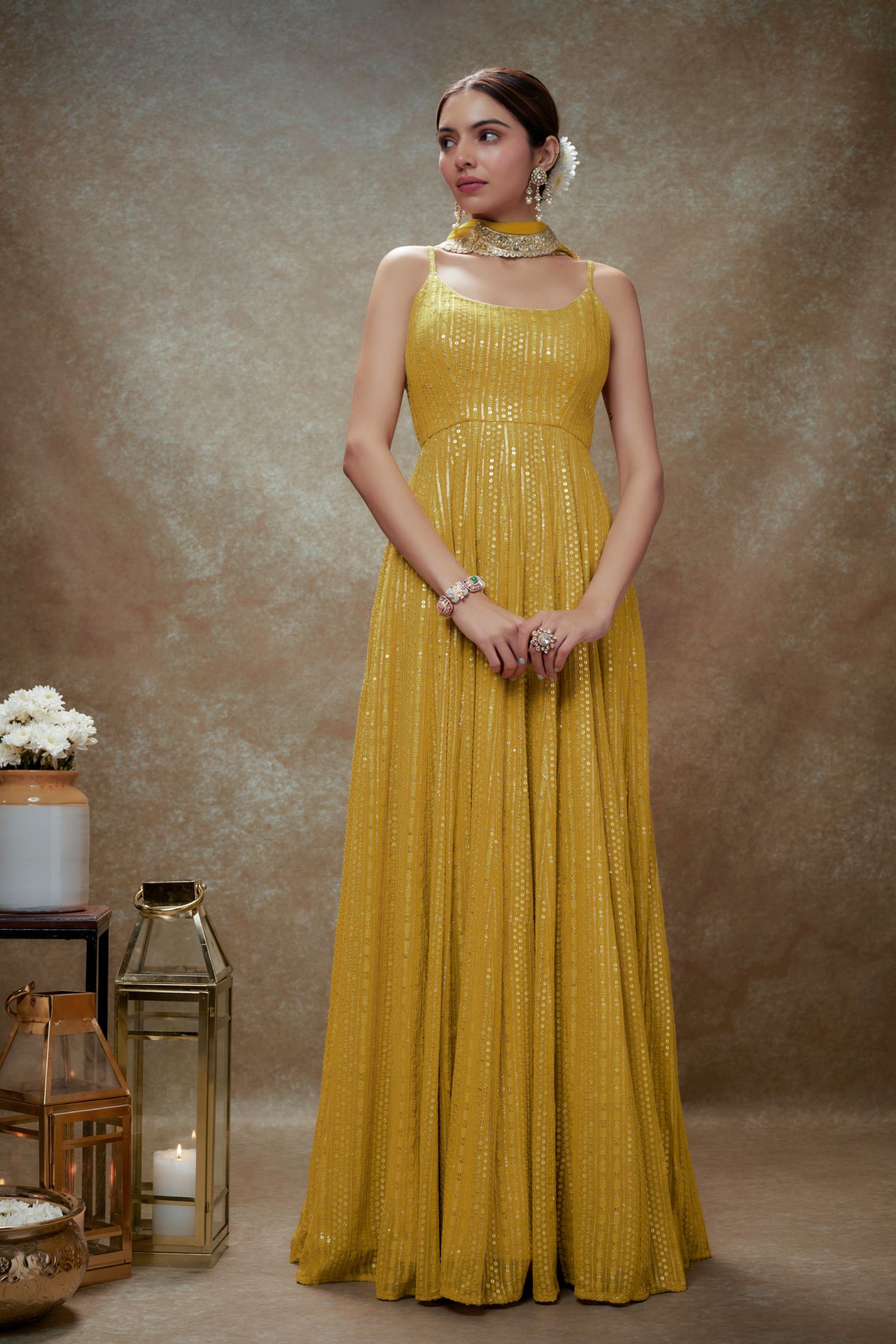 Tulip Haldi & Gold Sequin Anarkali Gown