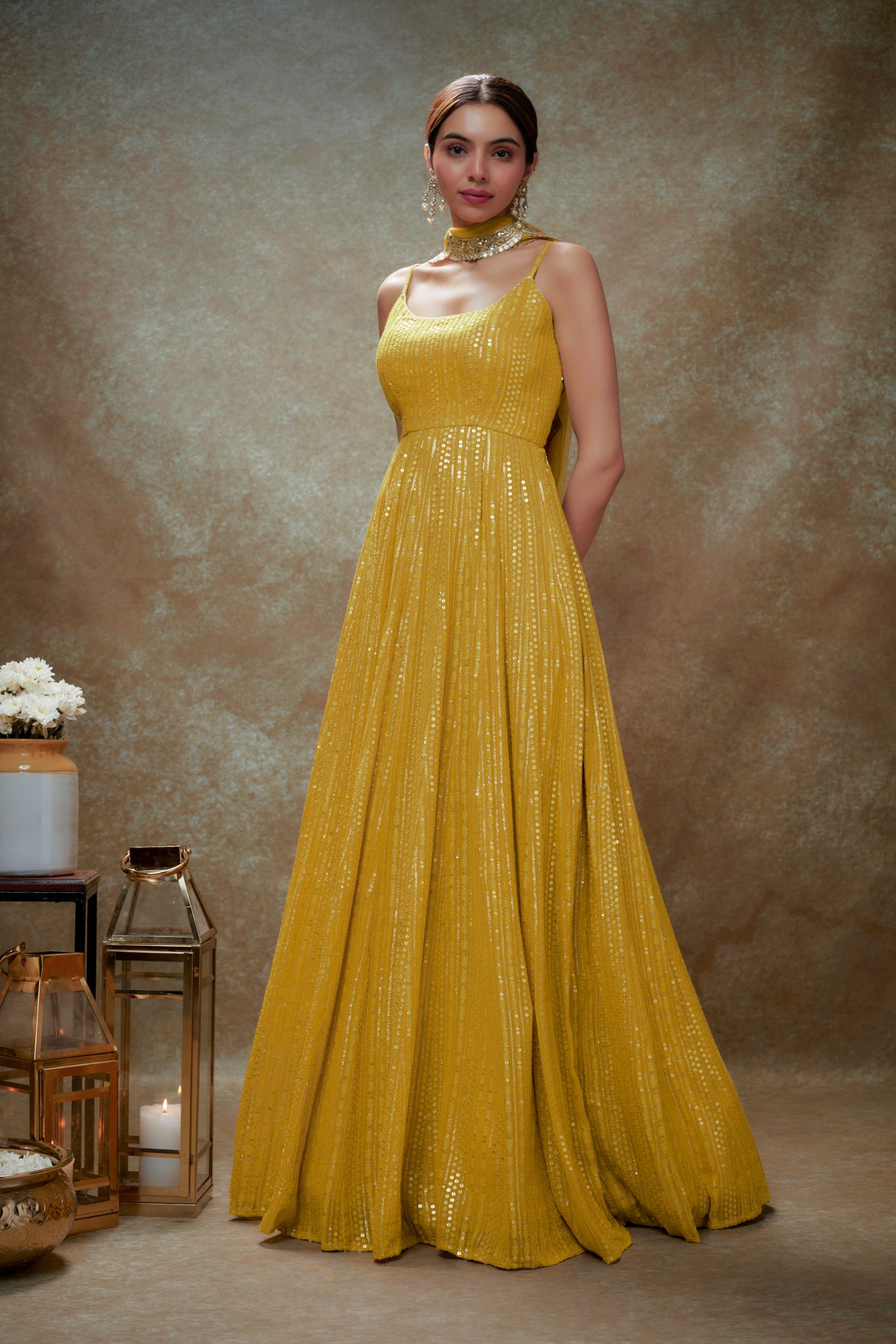 Tulip Haldi & Gold Sequin Anarkali Gown