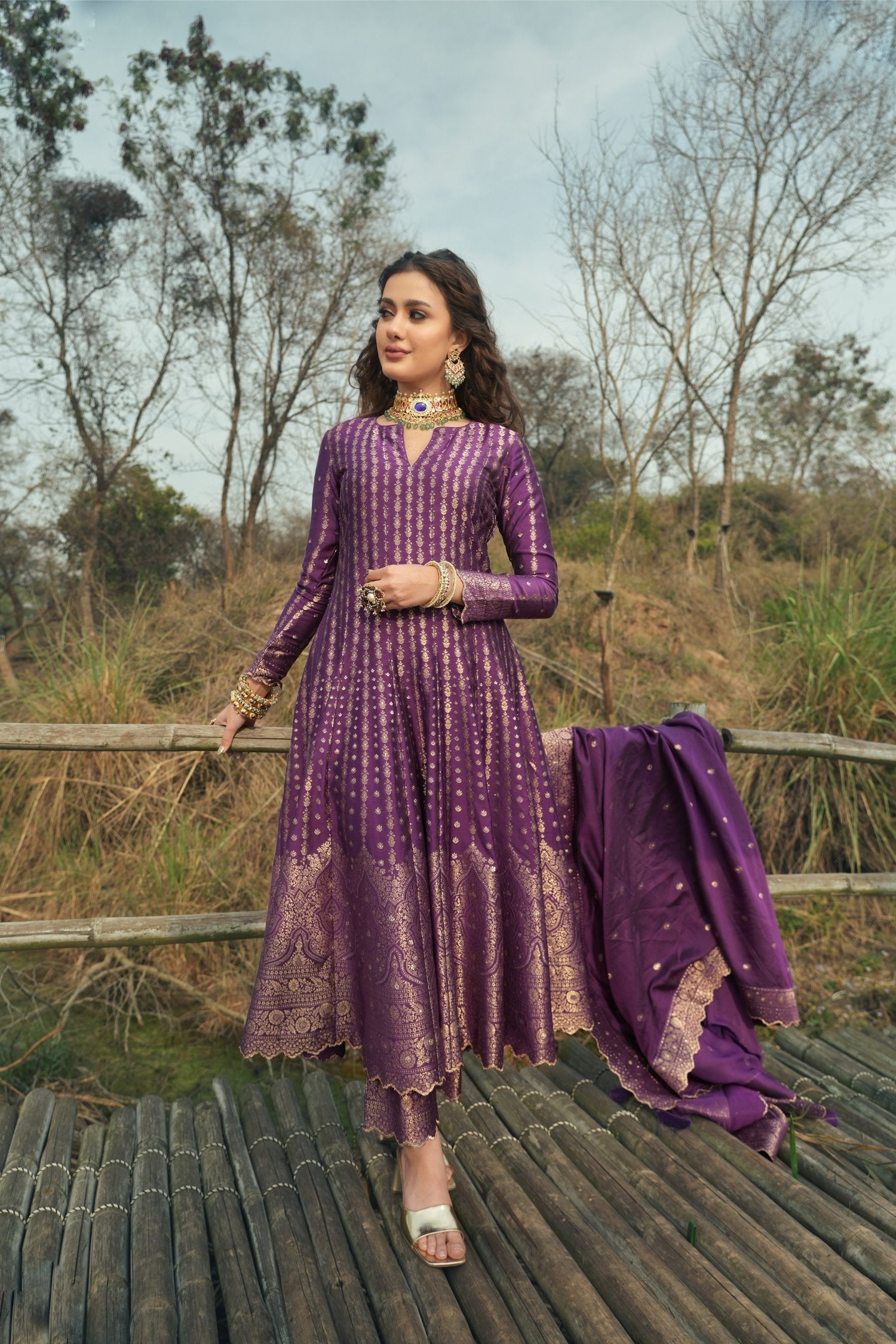 Purple Anarkali Vegan Silk Zari