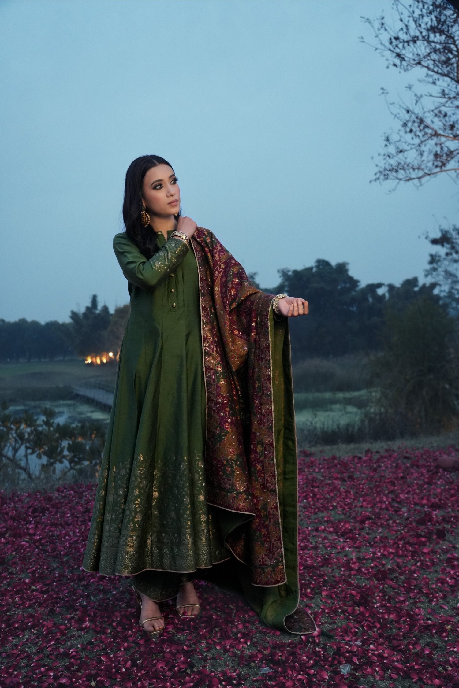 Paper Mache Dupatta Vegan Silk Green Anarkali