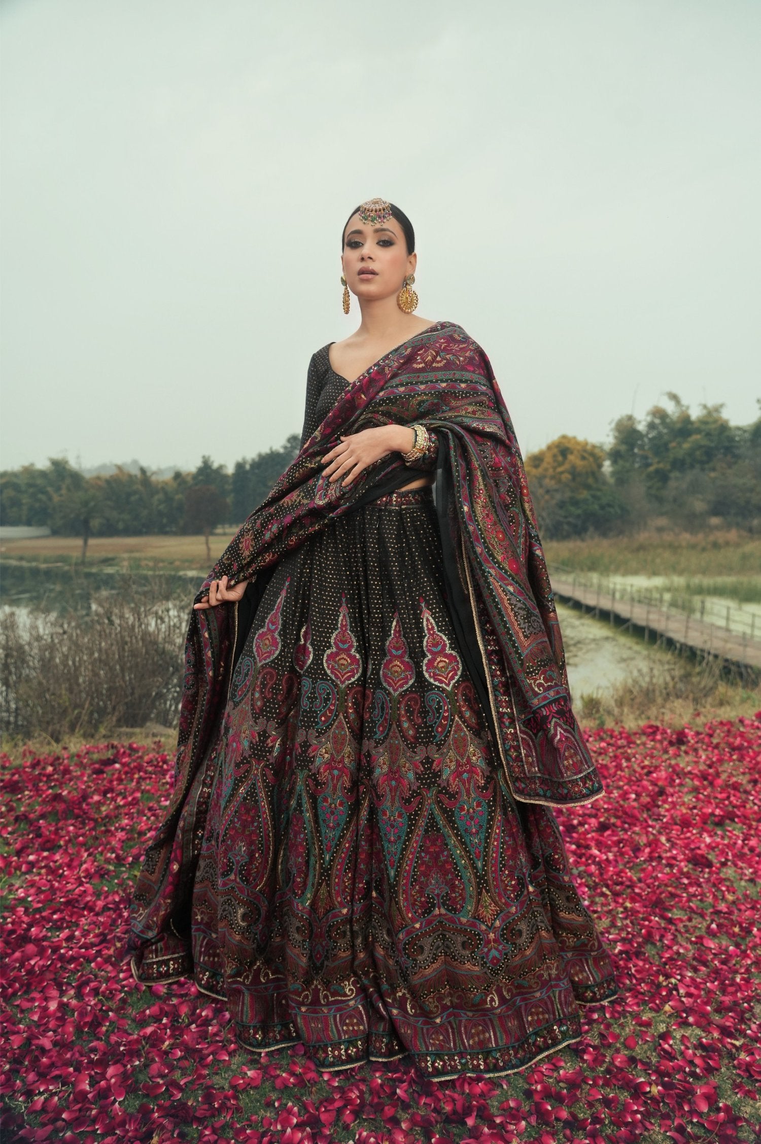 Paper Mache Weave Black Vegan Silk Lehenga