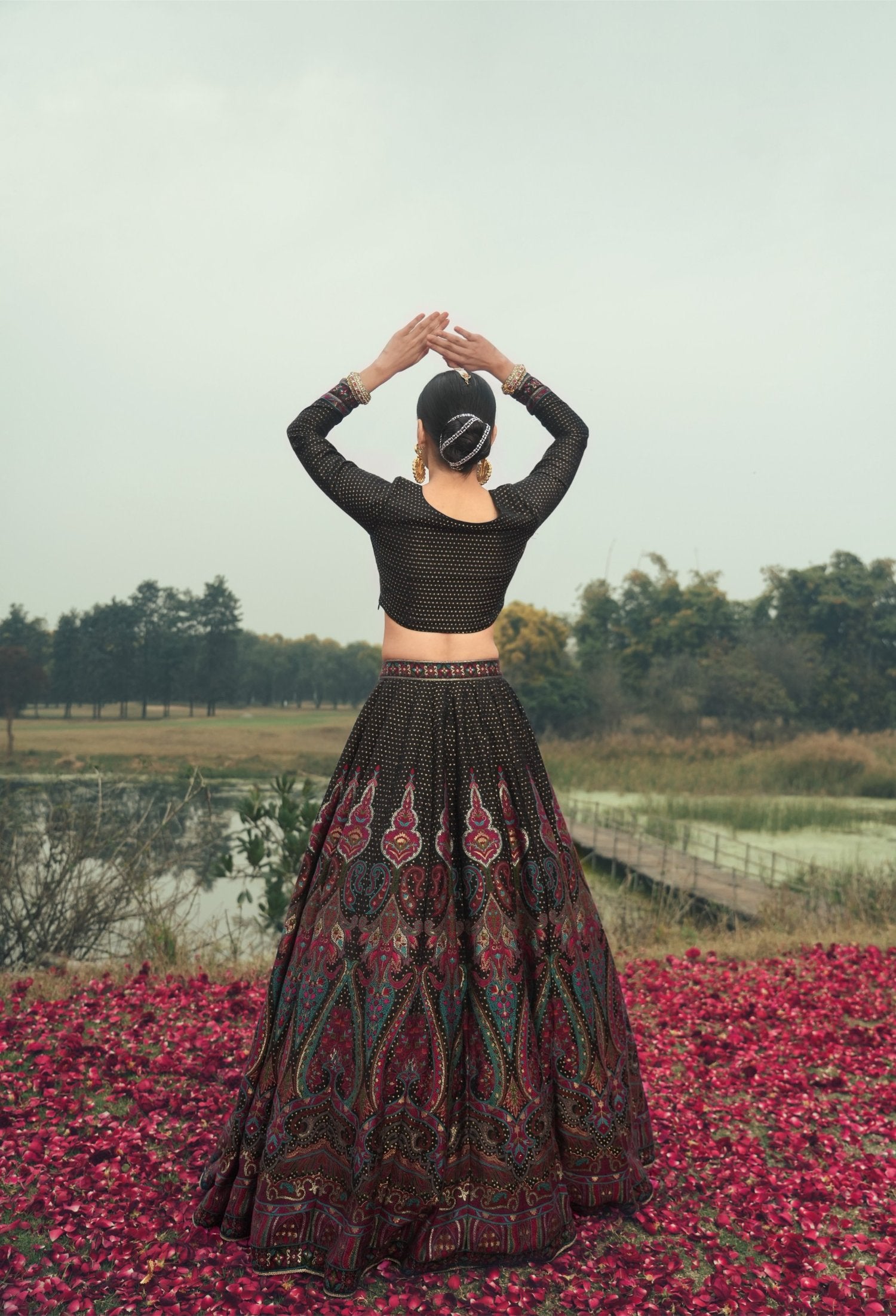 Paper Mache Weave Black Vegan Silk Lehenga