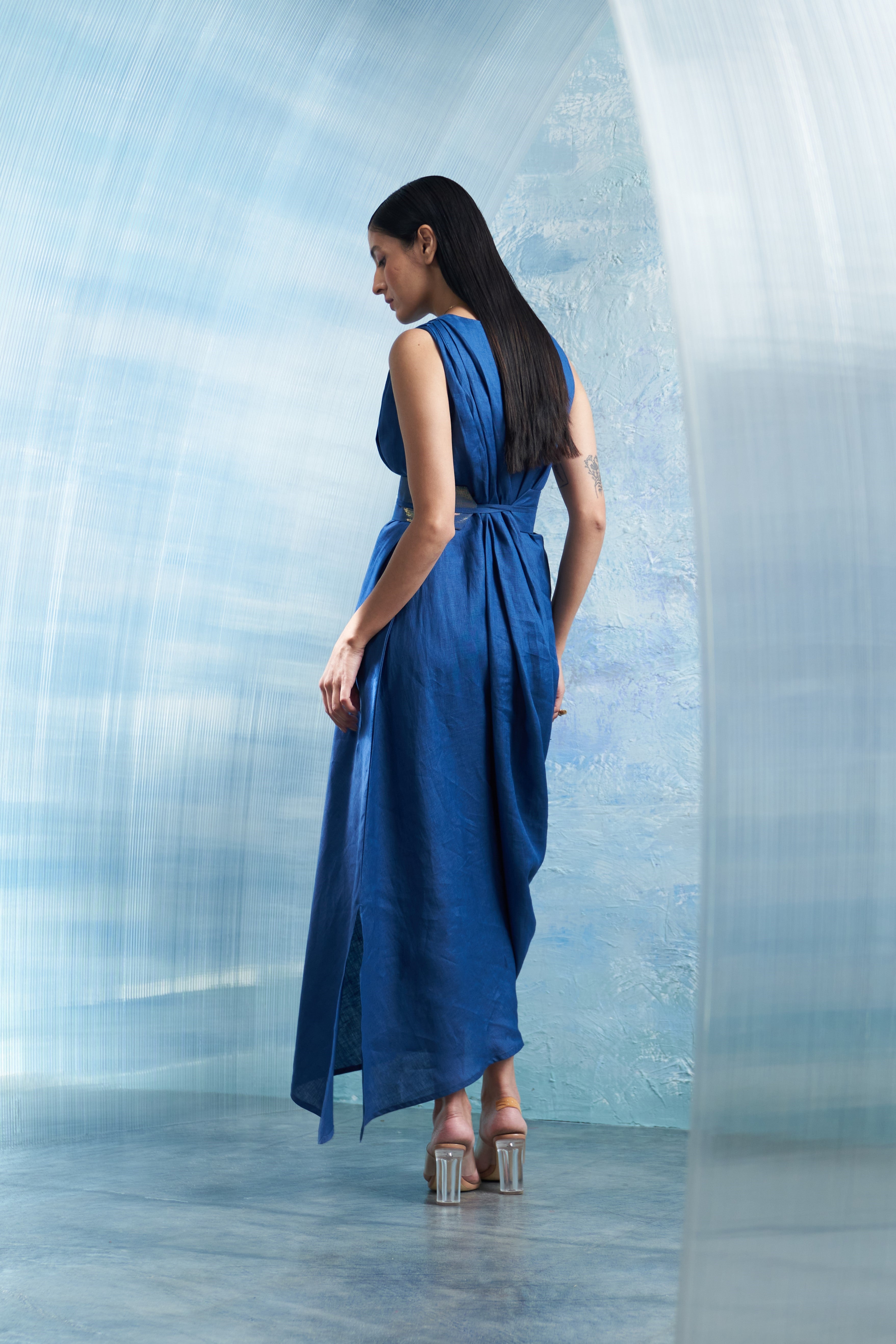 Aura Royal Blue Linen Drape Dress