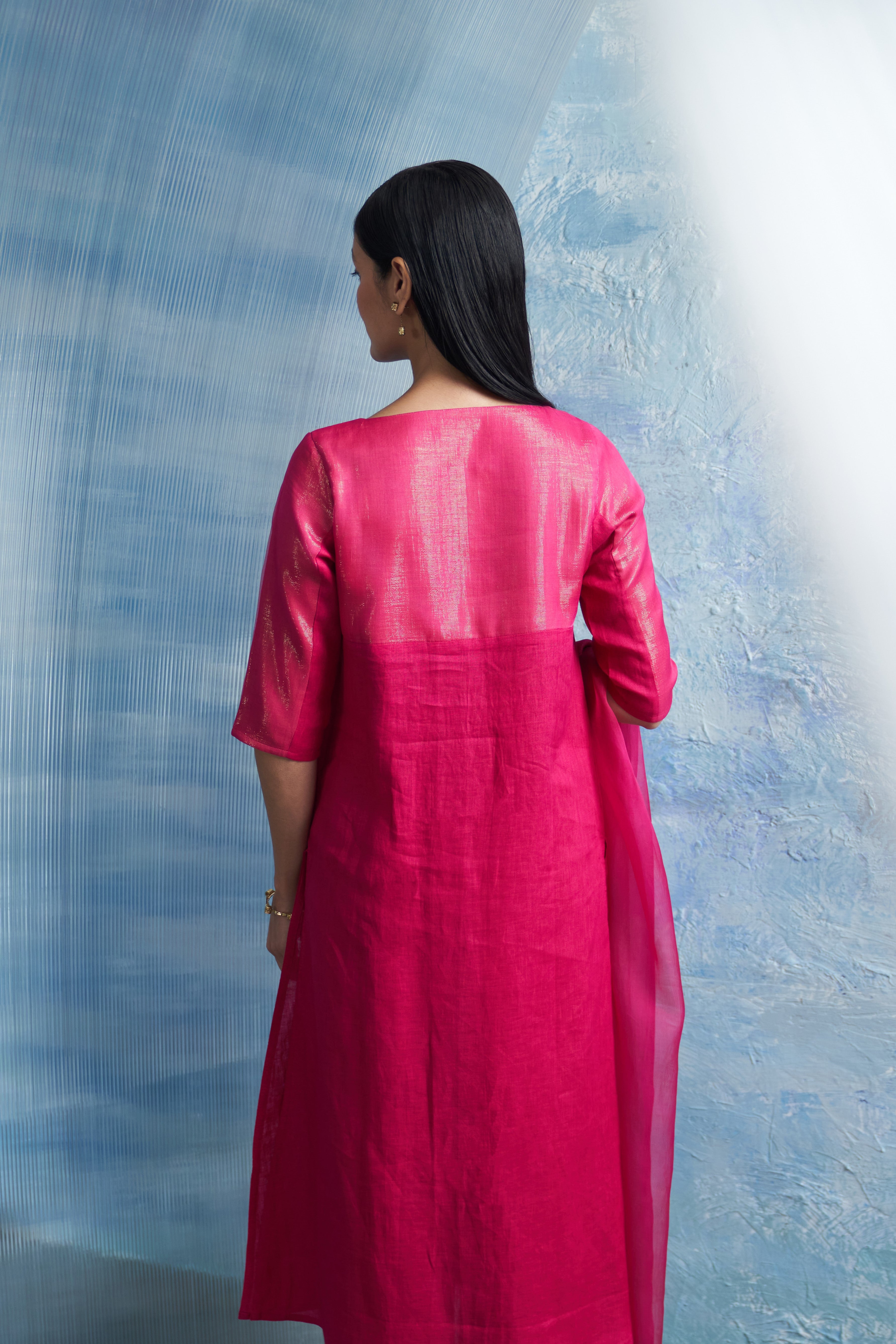 Aura Fuchsia Pink Round Yoke Kurta Set