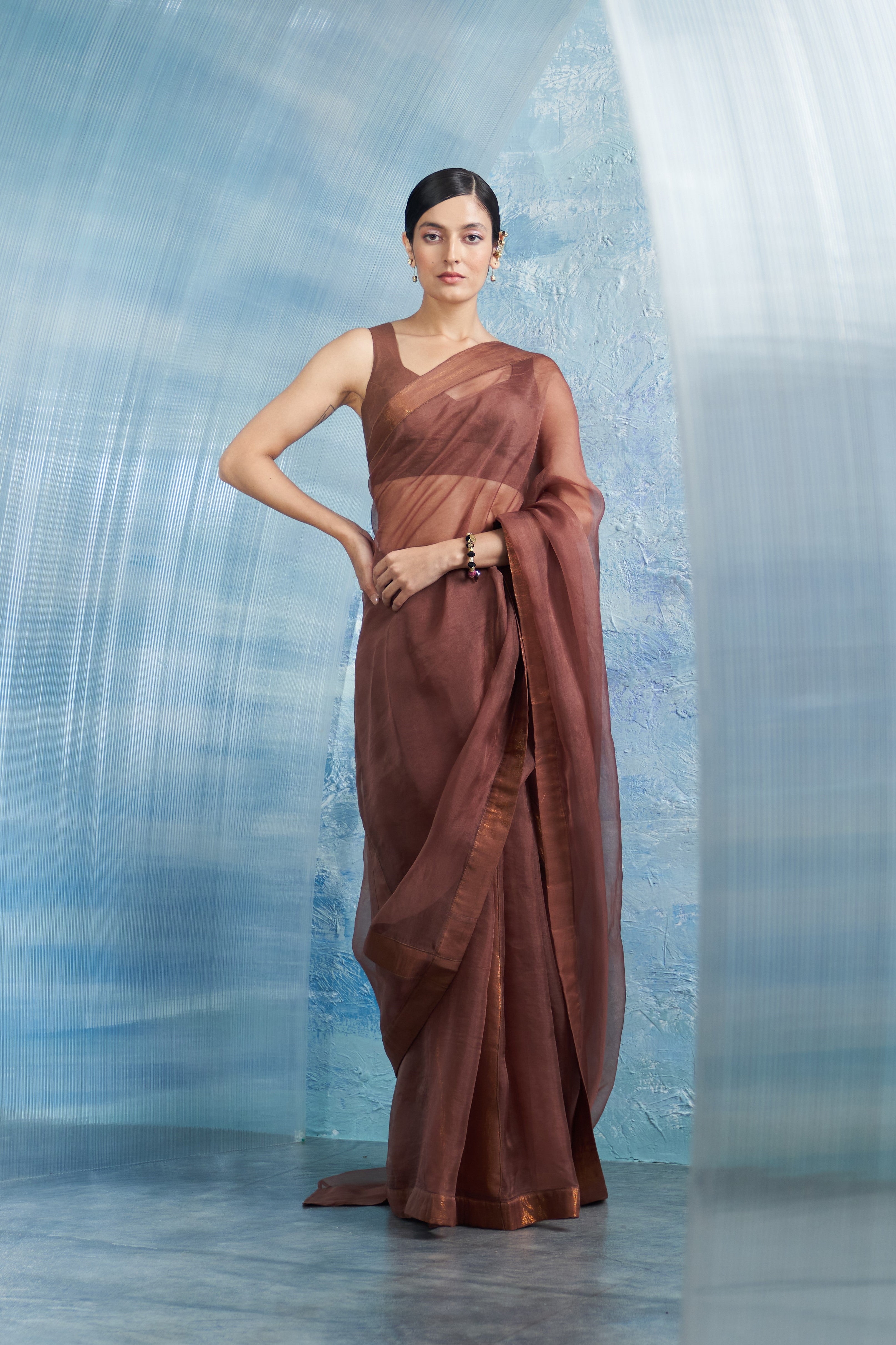 Aura Woody Brown Saree with Sleeveless Blouse