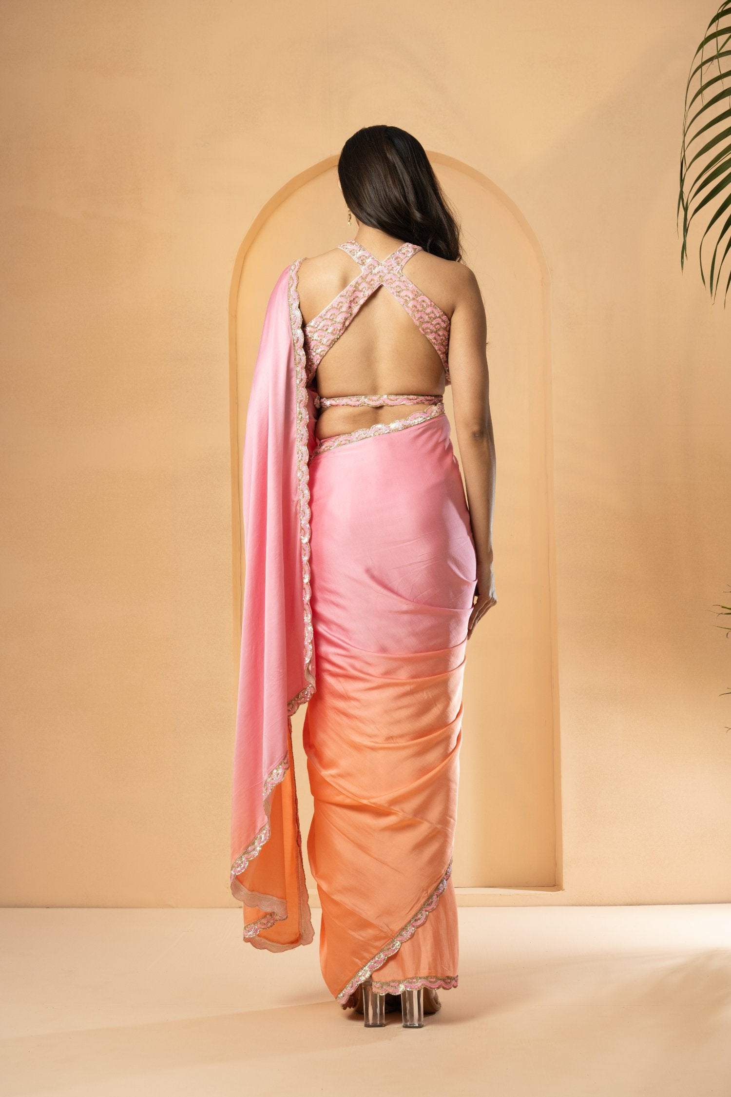 Peach Ombre Pre-Stitched Drape Saree