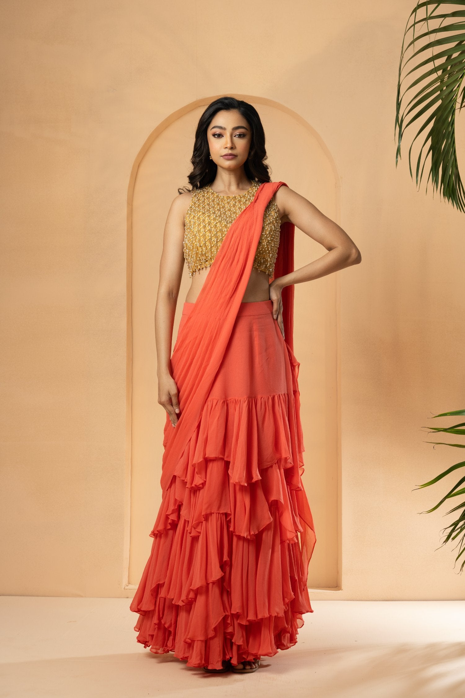 Peach Pre-Stitched Drape Saree