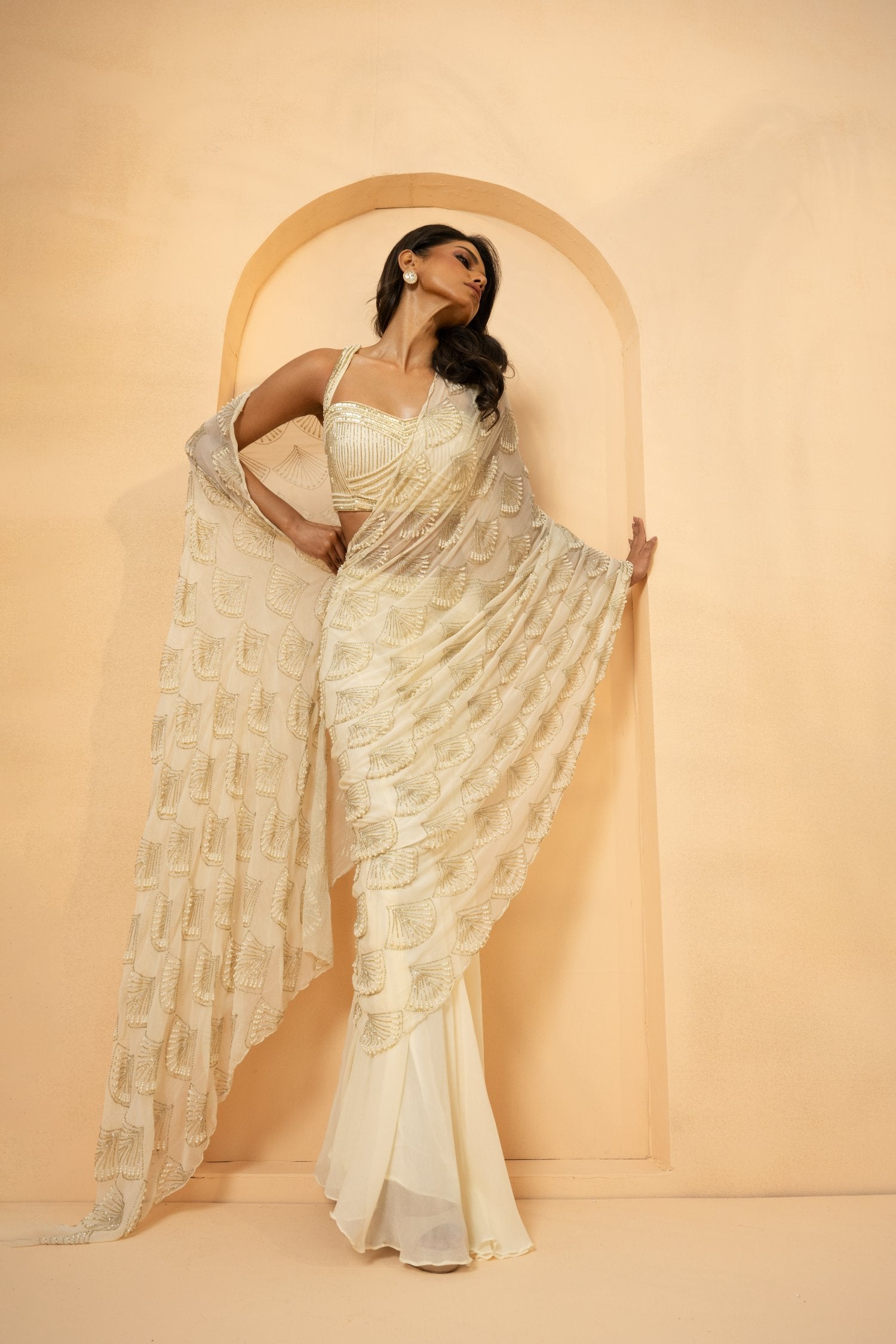 Ivory Pre-Stitched Drape Saree