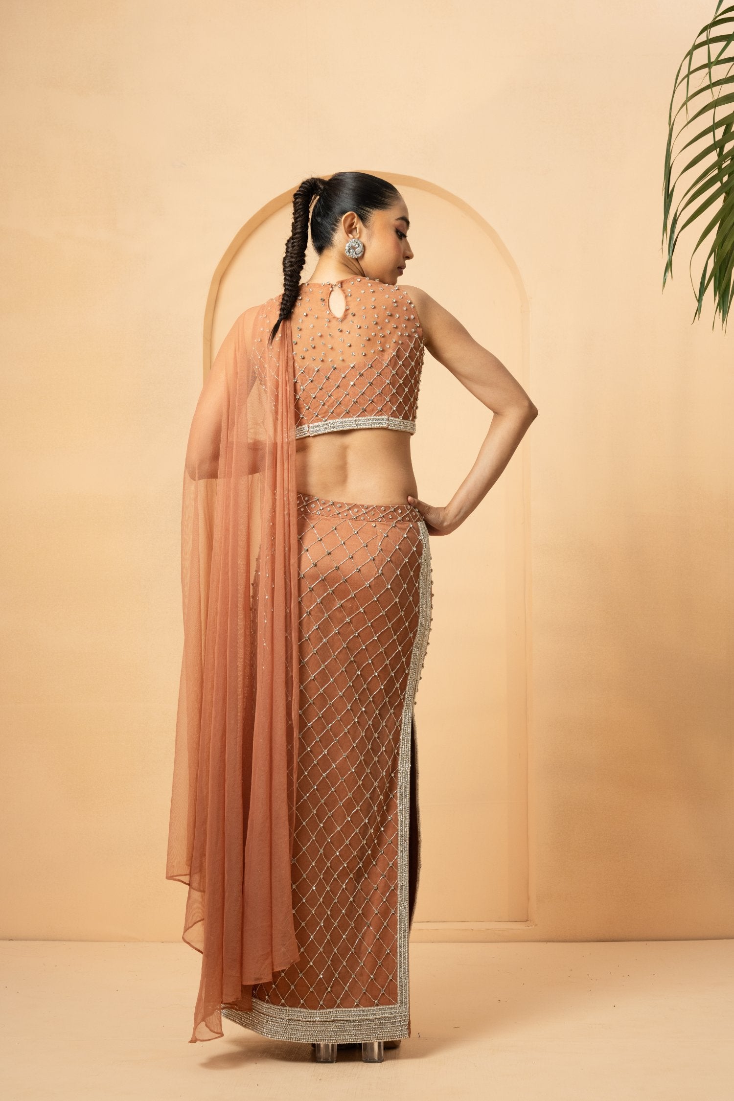 Beige Pre-Stitched Saree With Drape Dupatta