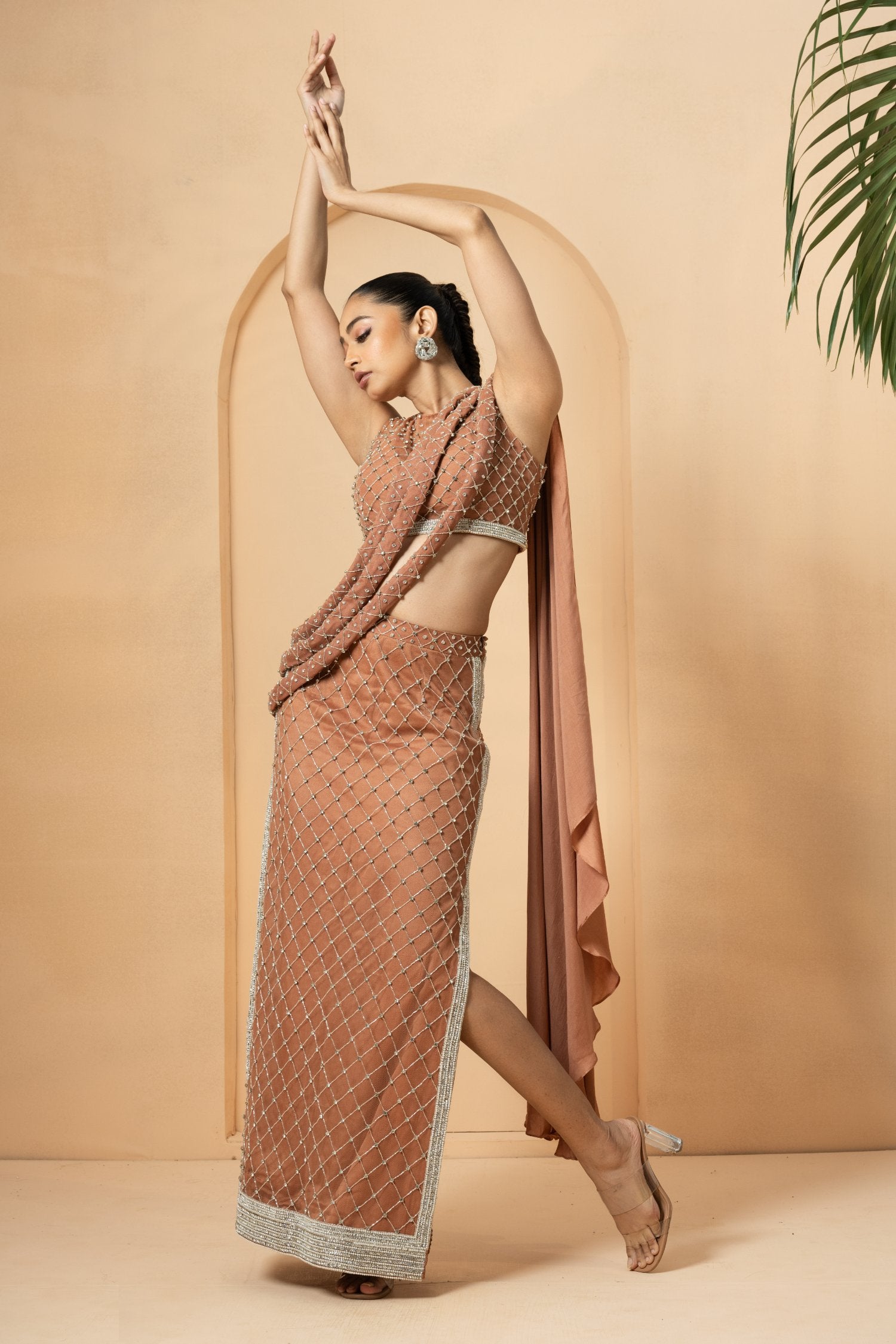 Beige Pre-Stitched Saree With Twisted Dupatta